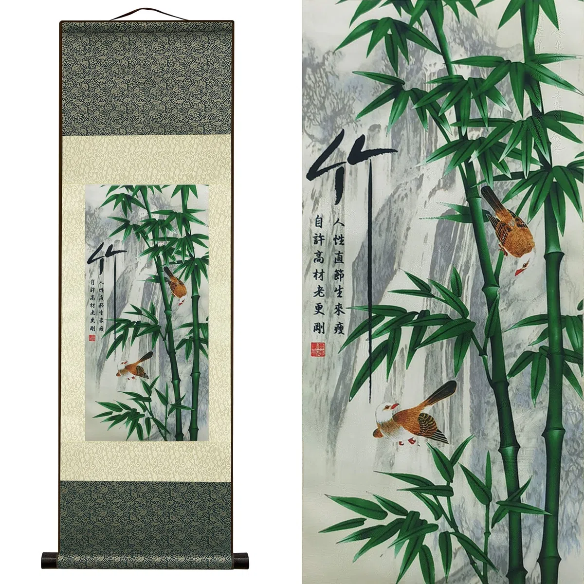 Peinture en Soie Décoration Murale Asiatique Défilement ​Peinture 4 Fleurs D'hommes Justes - Prune Orchidée Bambou Chrysanthème - Bambou Art Chinois à Suspendre Décoration Orientale (94 x 30cm)