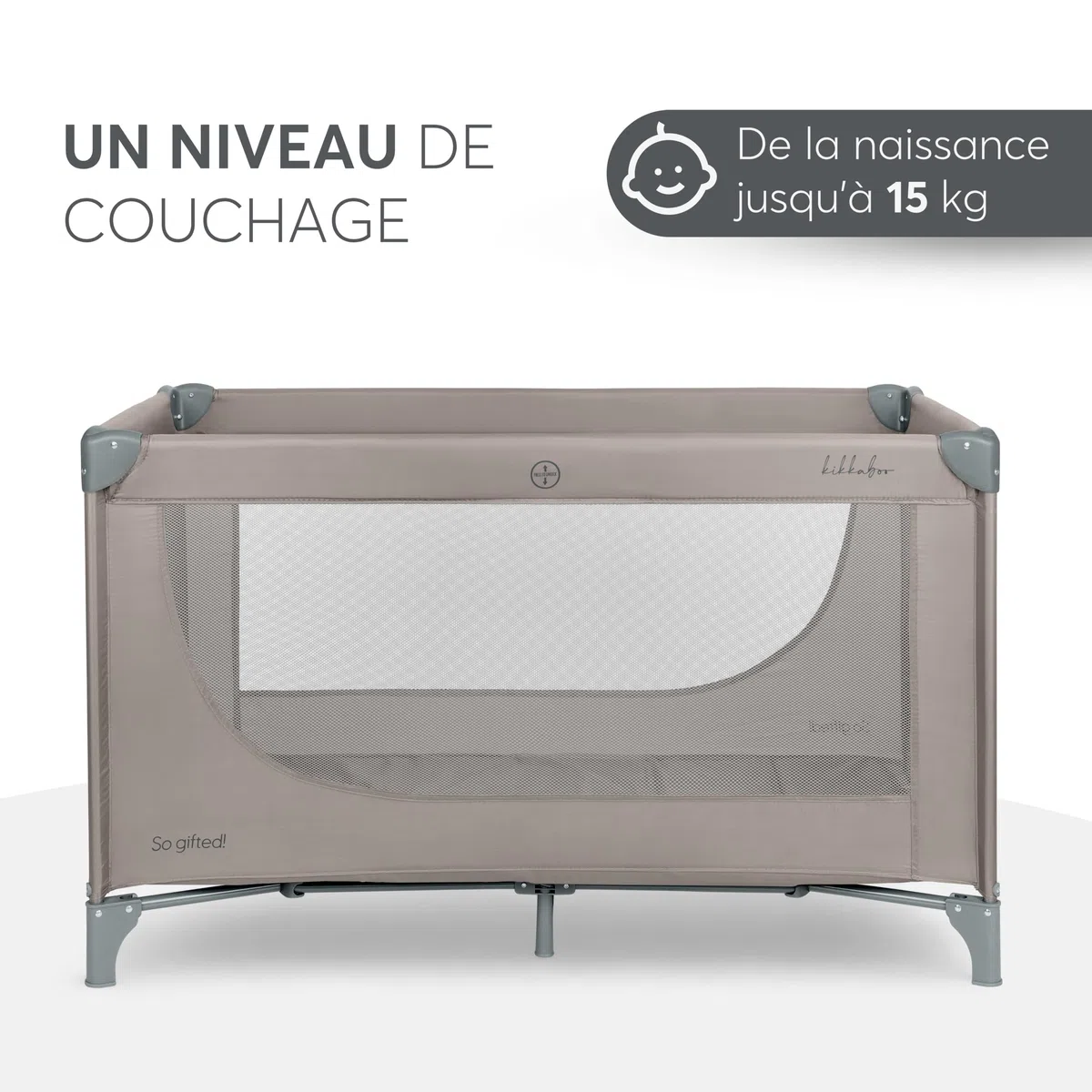 KikkaBoo Lit Parapluie Bébé Pliable Compact So Gifted, Lit de Voyage Léger 120x60 cm, Jusqu’à 15 kg, sans Matelas, Sac de Transport Inclus, Beige Foncé, Cot