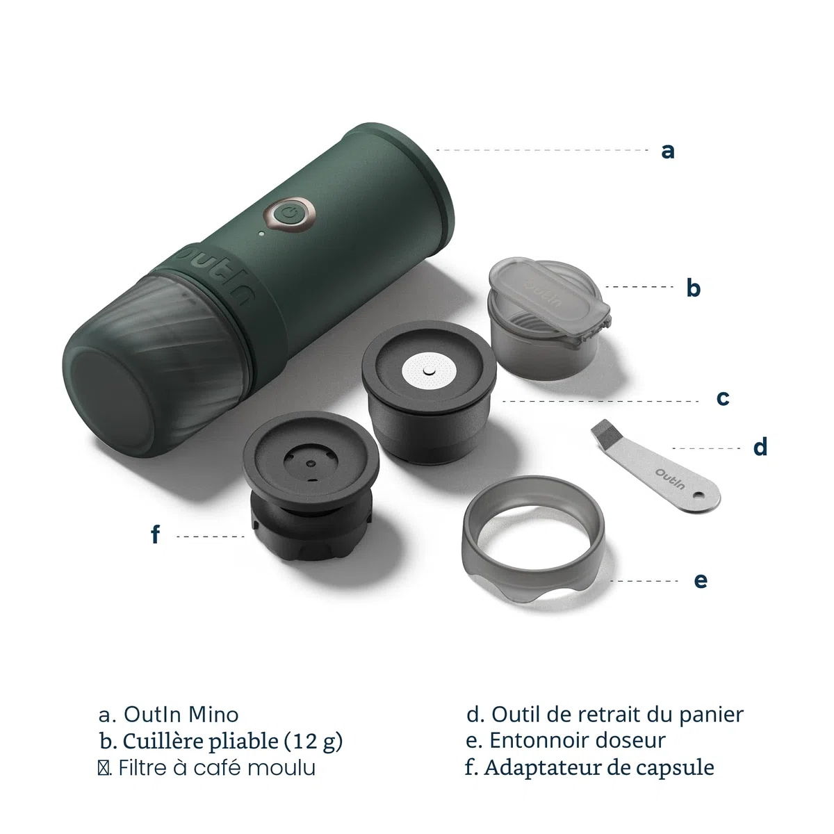 OutIn Mino Machine à Expresso Électrique Portable, Mini Cafetière de Camping de Voyage, Machine à Café Format Poche Auto-Chauffante, Compatible Café Moulu & Adaptateur Capsule NS pour Aventure