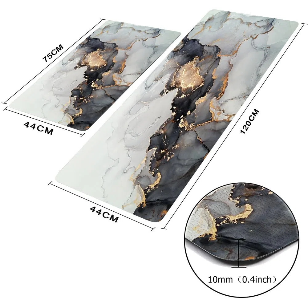 Mrcrypos Lot de 2 tapis de cuisine de luxe en marbre noir et doré en cuir PVC, imperméable, antidérapant, rembourré, anti-fatigue, tapis de cuisine confortables pour sol, évier, buanderie, bureau,
