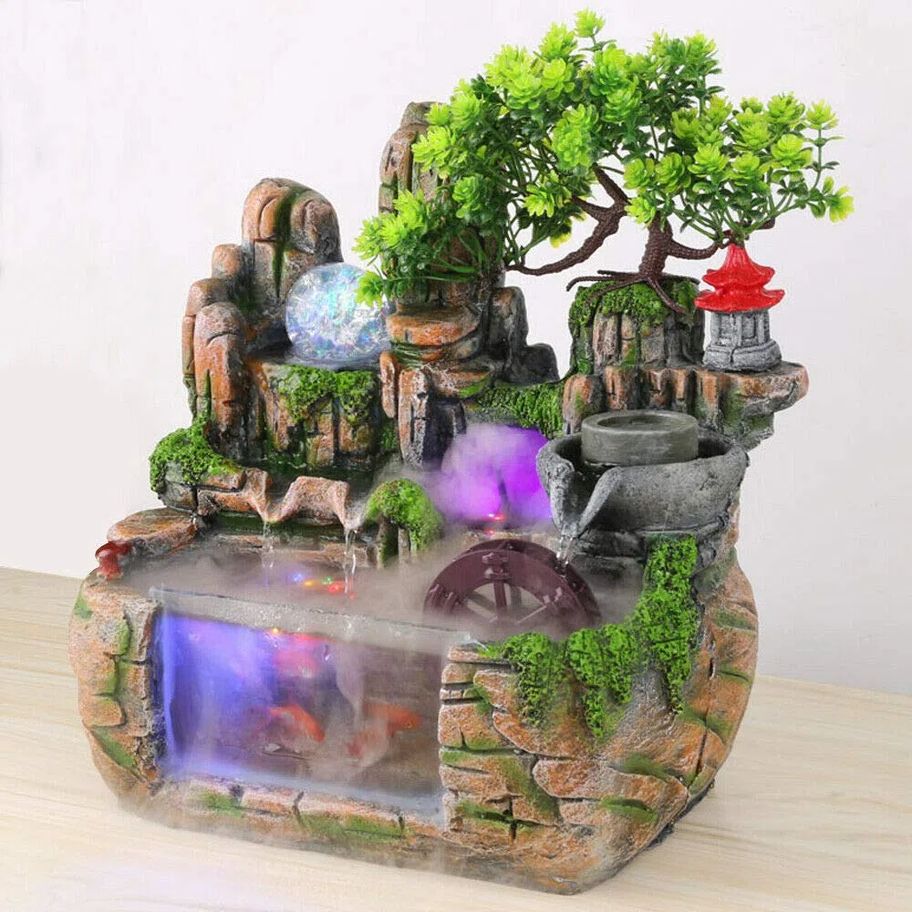 Fonte Feng Shui d'intérieur, fontaine de jardin en pierres, aquarium, avec boule de cristal LED et vaporisateur, fontaine de table, décoration de salon