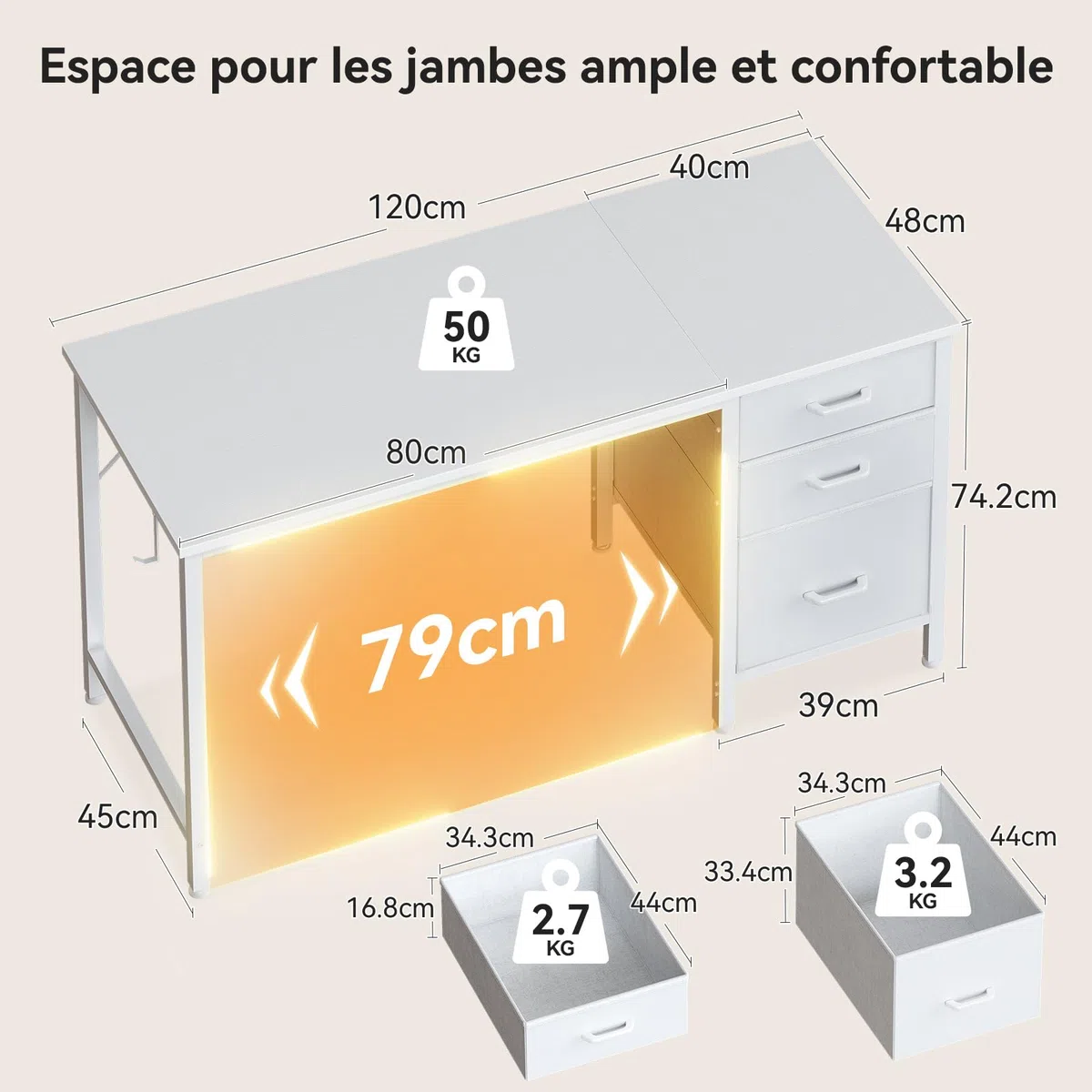 Coleshome Bureau avec 3 Tiroirs en Tissu, 120x48cm Bureaux Informatique avec Porte-Casque, Blanc Bureau D'ordinateur Réversible pour Petit Bureaux à Domicile