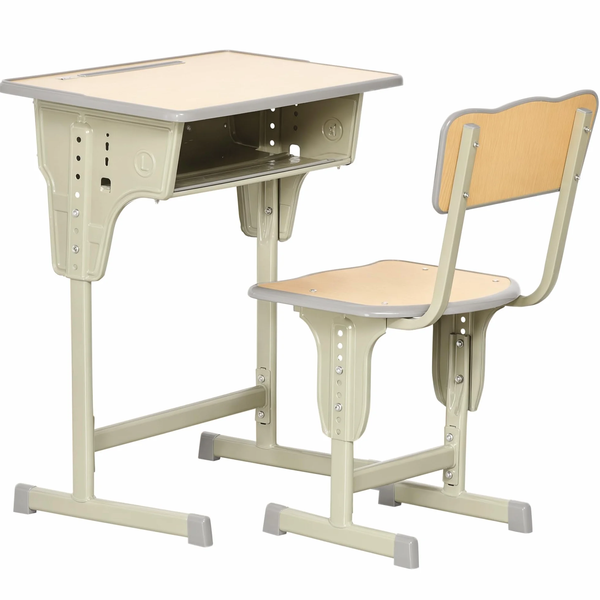 HOMCOM Bureau Enfant Vintage Style pupitre d'écolier - Ensemble Bureau et Chaise réglable - Case de Rangement, Bracket, Range-stylos - Acier Kaki MDF Aspect Bois Clair
