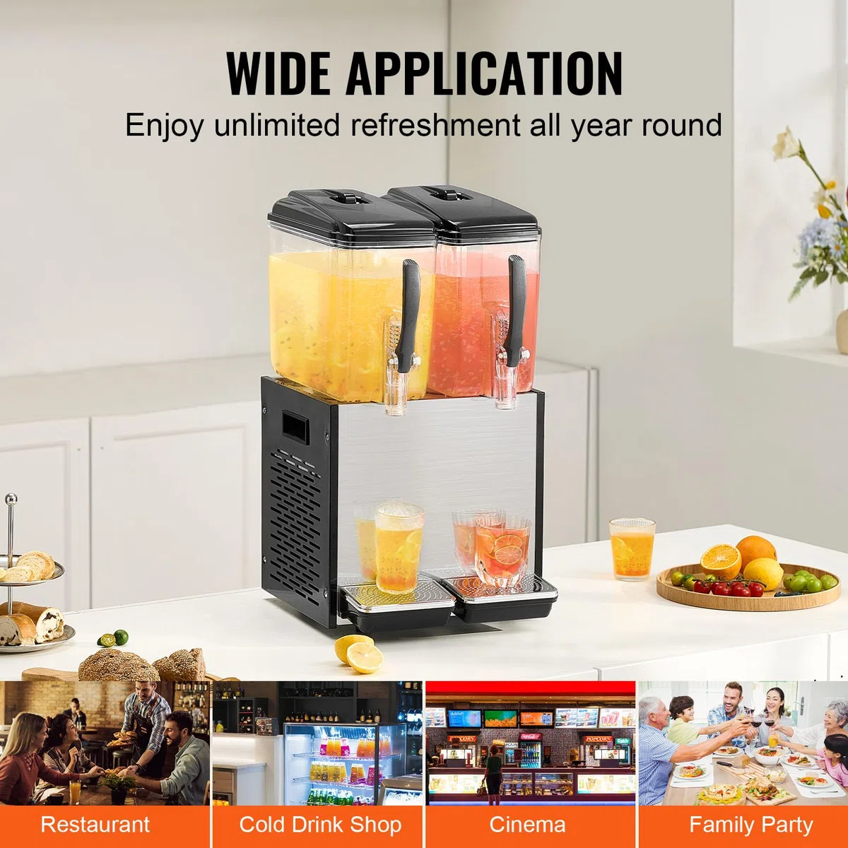 VEVOR Distributeur de Boissons Commercial 2 Réservoirs de 12 L, Fontaine à Eau 286 W, Distribution de Jus Limonade Thé Glacé, Température de Refroidissement 7-12 ℃, pour Restaurant, Hôtel, Café