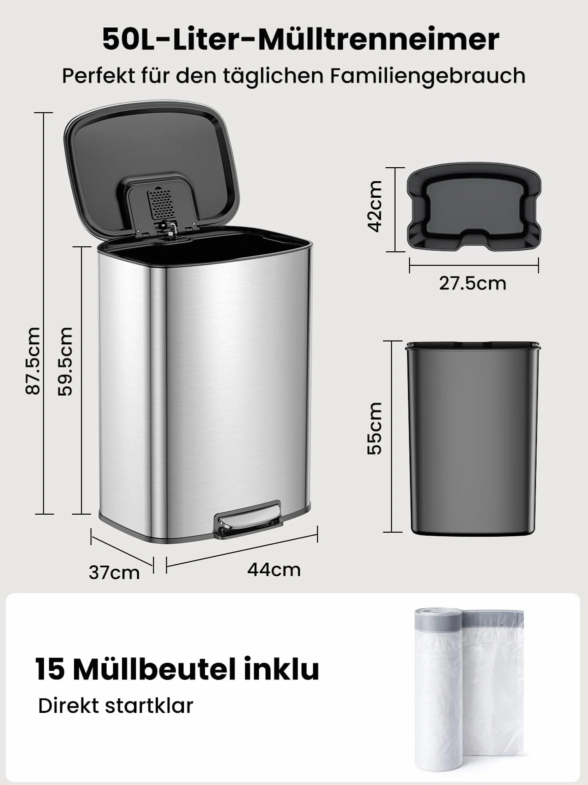 YEAUPE PRO Poubelle Cuisine 50L Inox Pédale Soft Close Silencieux Bac Amovible Anti-Odeurs