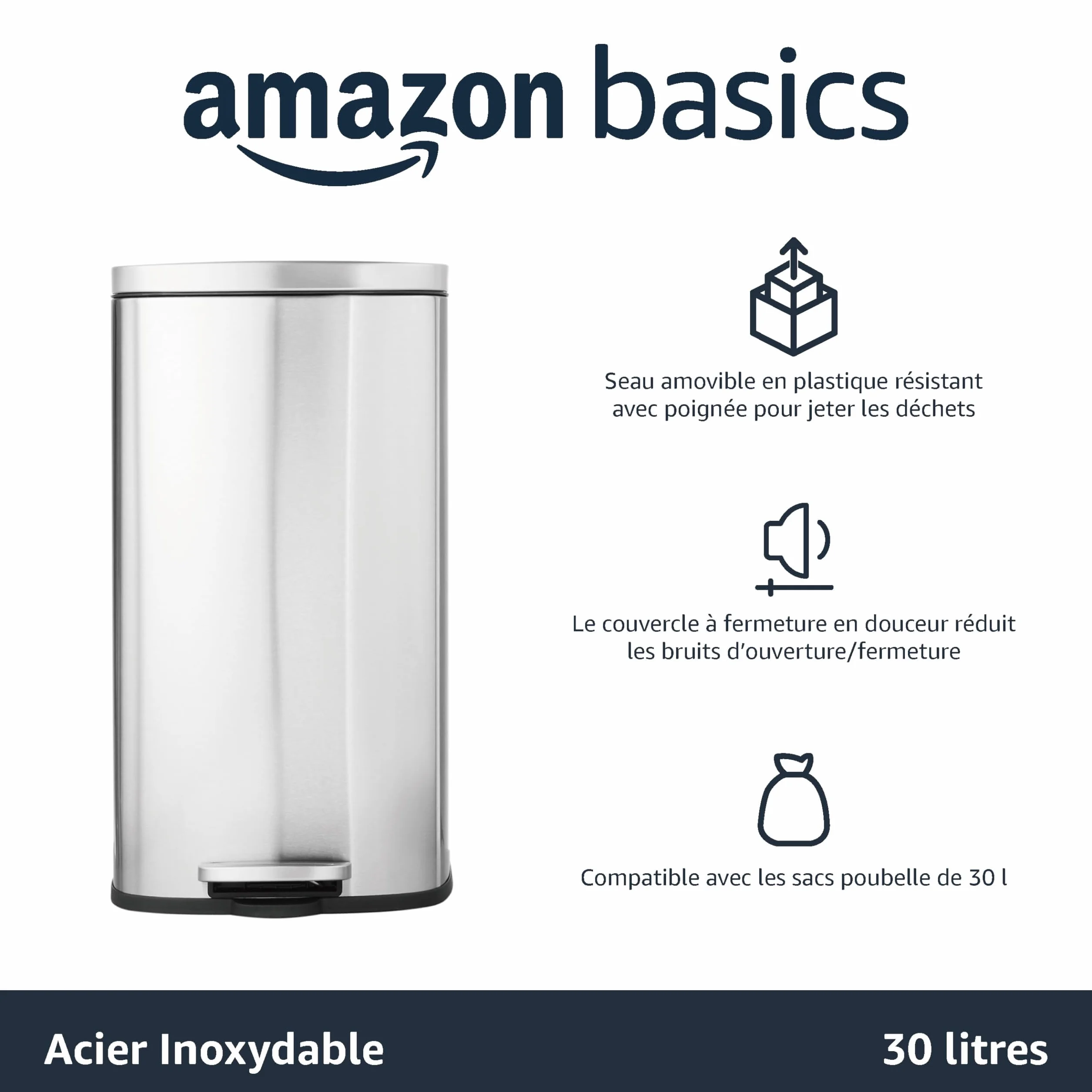 Amazon Basics Poubelle rectangulaire à fermeture douce 30 l nickel satiné