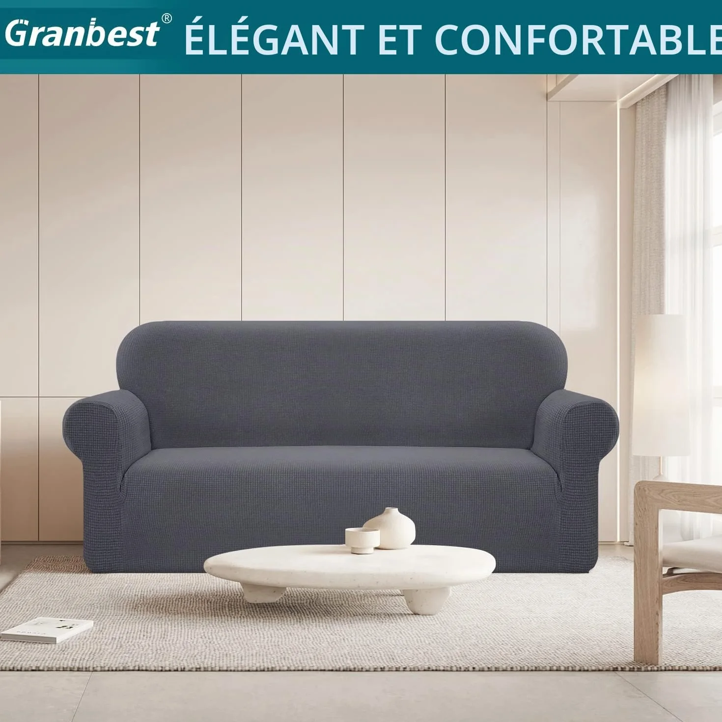 Granbest Housse de canapé stretch imperméable jacquard 3 places gris