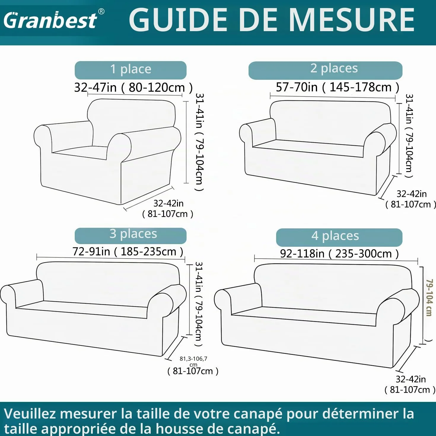 Granbest Housse de canapé stretch imperméable jacquard 3 places gris
