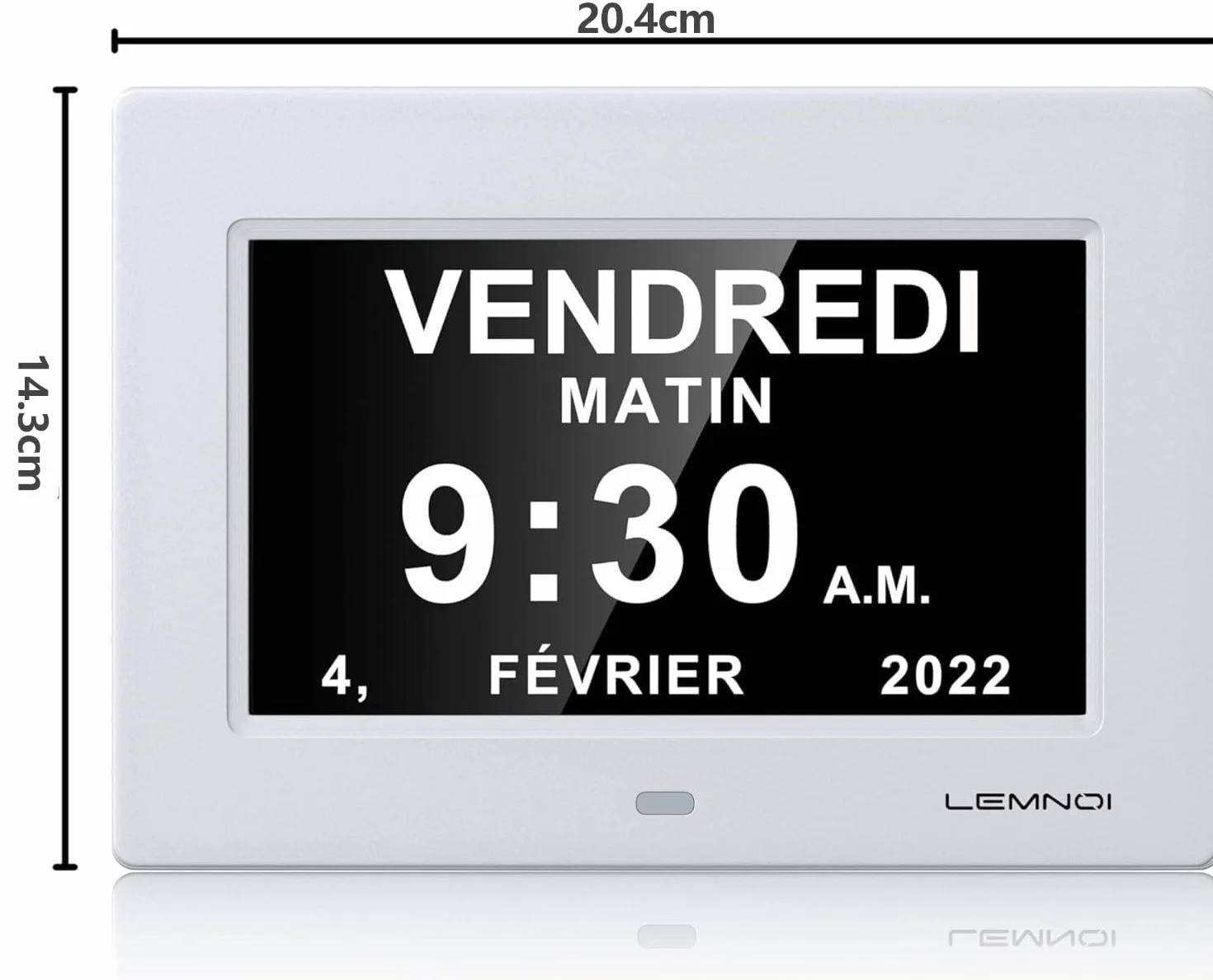 LEMNOI 7" LCD Digital Clock Calendar with Date Day Time Auto Dimming 8 Languages HD Display for Alzheimer Elderly Kids White