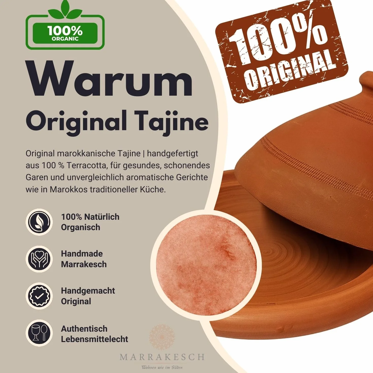 ORIGINAL Tajine Marocain en Terre Cuite Tuareg Ø 26cm pour 1-3 Personnes | Plat a Tagine avec couvercle fait Main au Maroc | non émaillé Libre de matières Toxiques pour votre Cuisine Marocaine