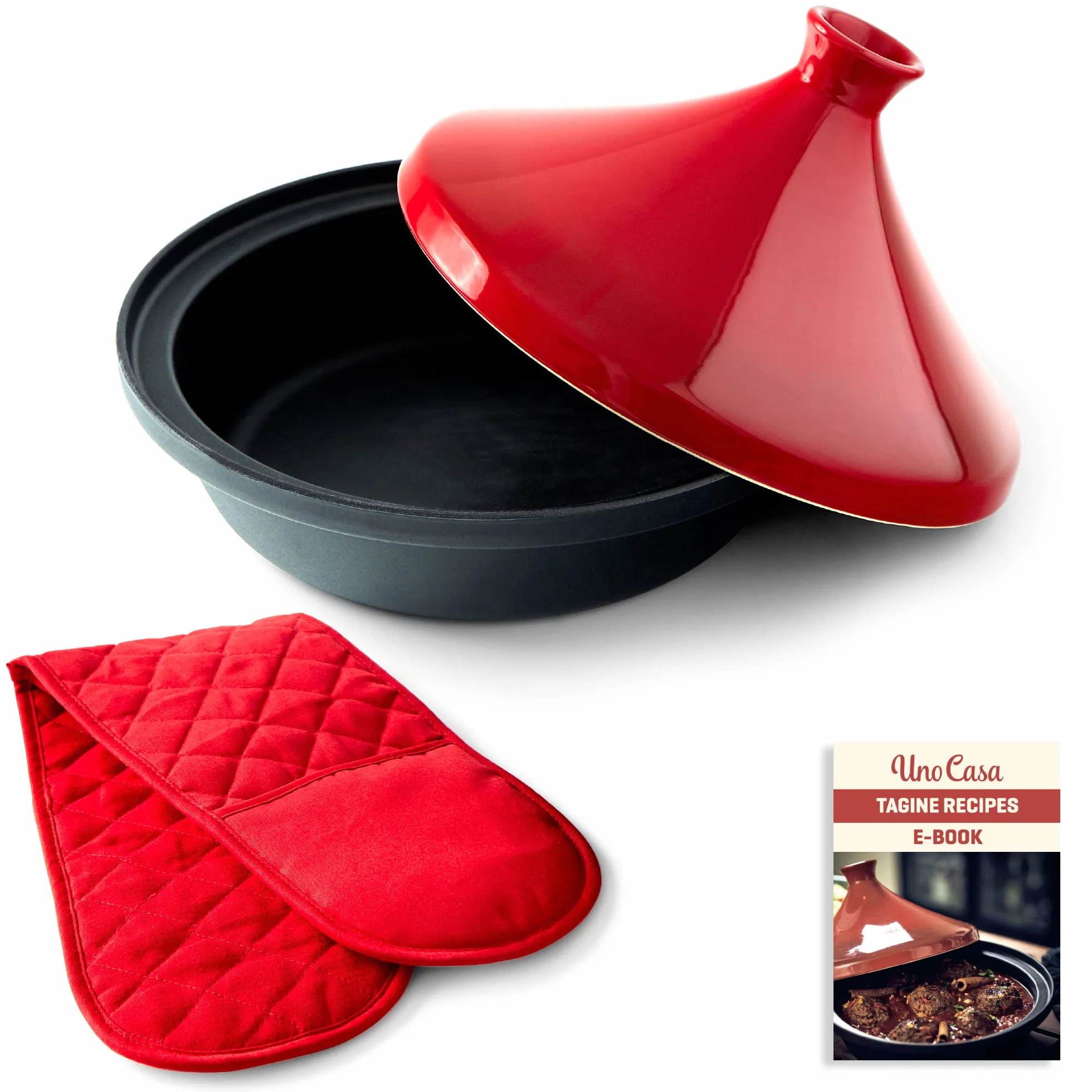 Uno Casa Plat à Tajine Marocain - Tajine Induction - Casserole en Fonte de 3,5 l avec une Base en Fonte Émaillée et un Couvercle en Forme de Cône