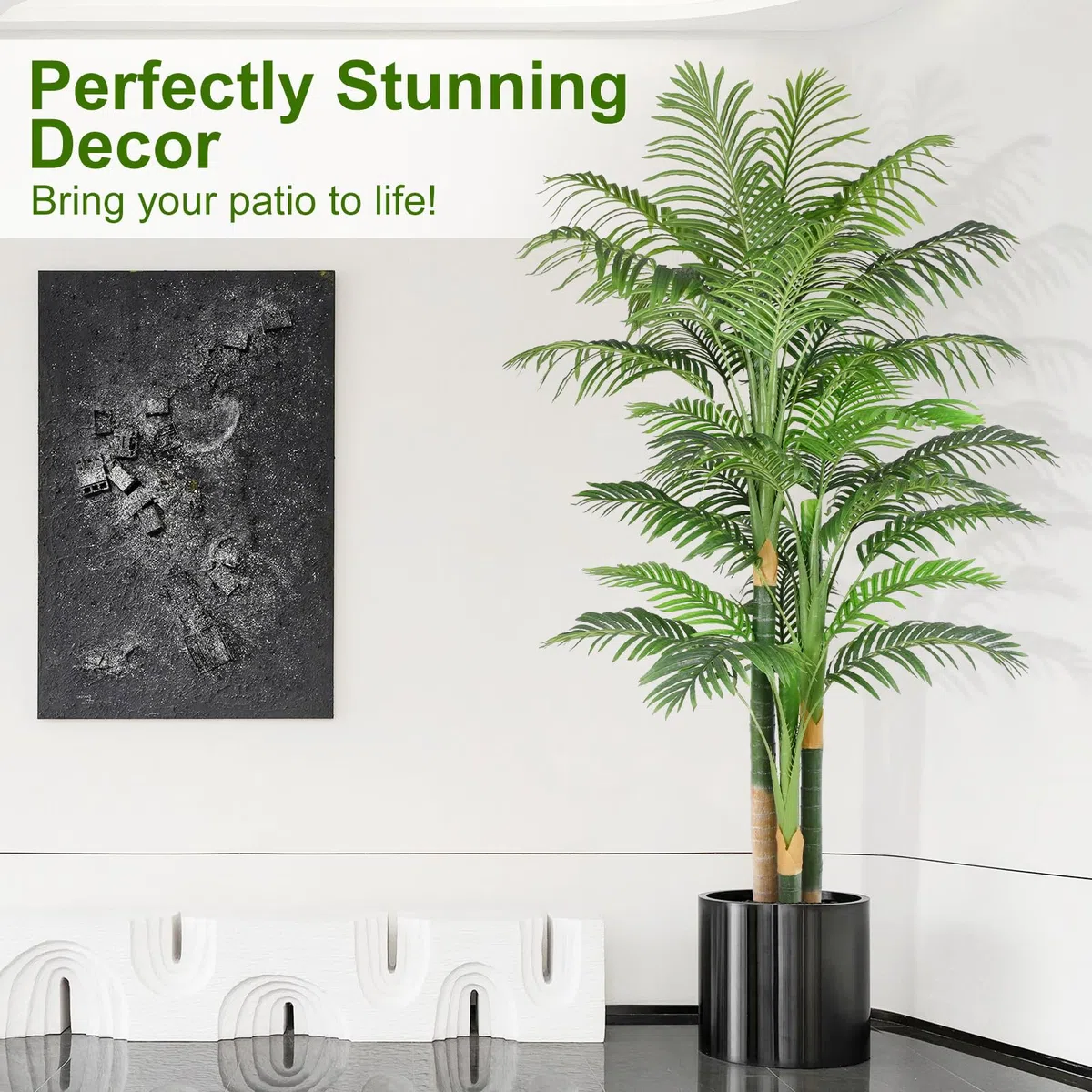 Palmier Artificiel Triple Doré 200cm Haute, Palmier Artificiel Exterieur, Arbre Artificiel Exterieur ou Intérieur pour Maison Chambre Bureau Salon Balcon Jardin Décoration (1Pack)