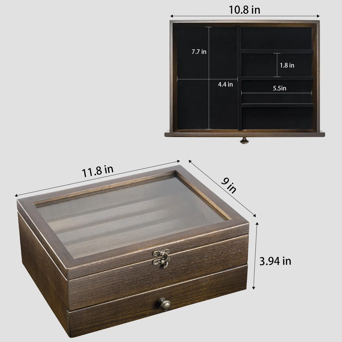 2 Étages Présentoir à Couteaux, Grande Vitrine à Couteaux pour Plusieurs Couteaux Pliants, Coffret Poignard en Bois avec Tiroir et Vitre Haute Définition, pour Collections, Cadeau (Noyer)