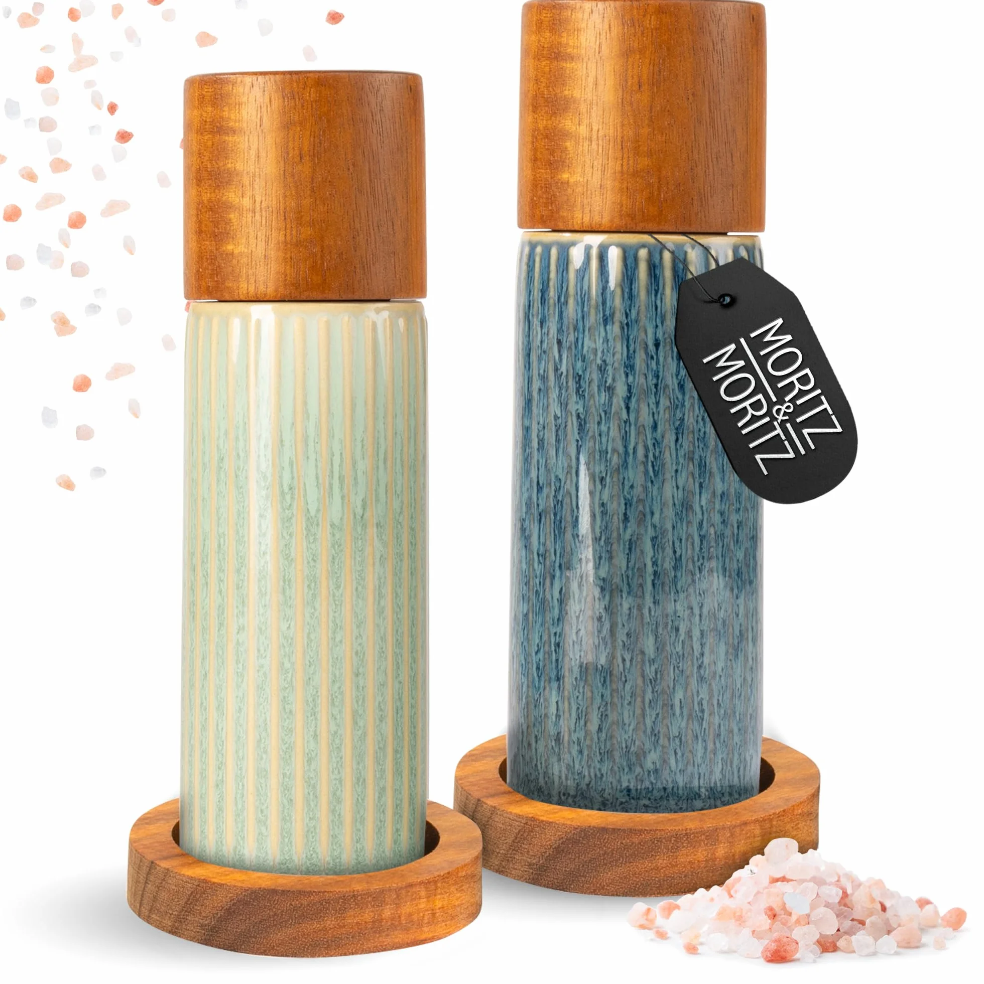 Moritz & Moritz PEPE Set de 2 Moulins à Épices Bleu/Vert – Moulins Sel et Poivre en Céramique, Bois d’Acacia & Grès, Réglage de Mouture, pour Sel, Poivre et Épices