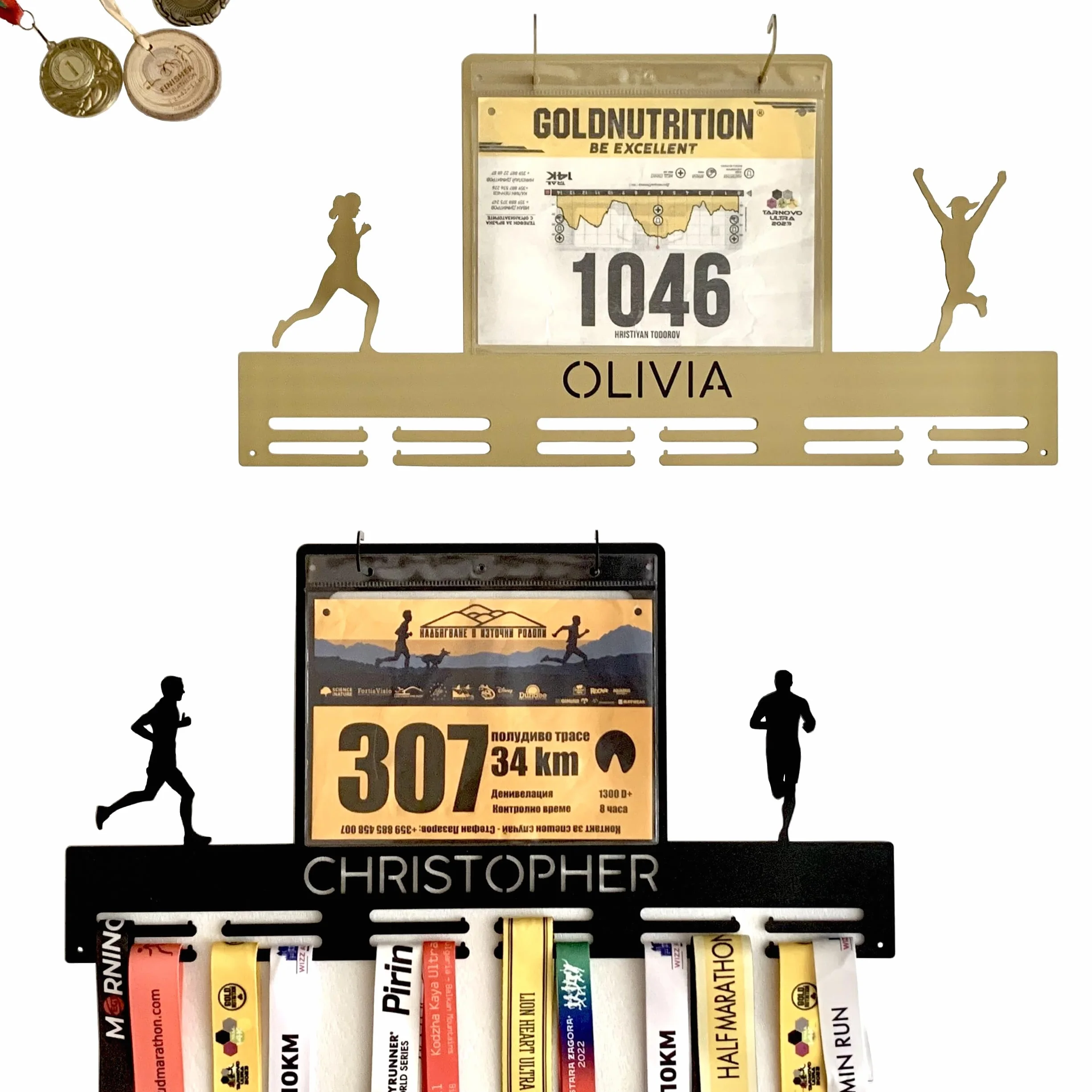 Porte-Médailles personnalisé avec Nom, Numéro de course, Dossards course à pied, Bib Race Number, 2 figurines