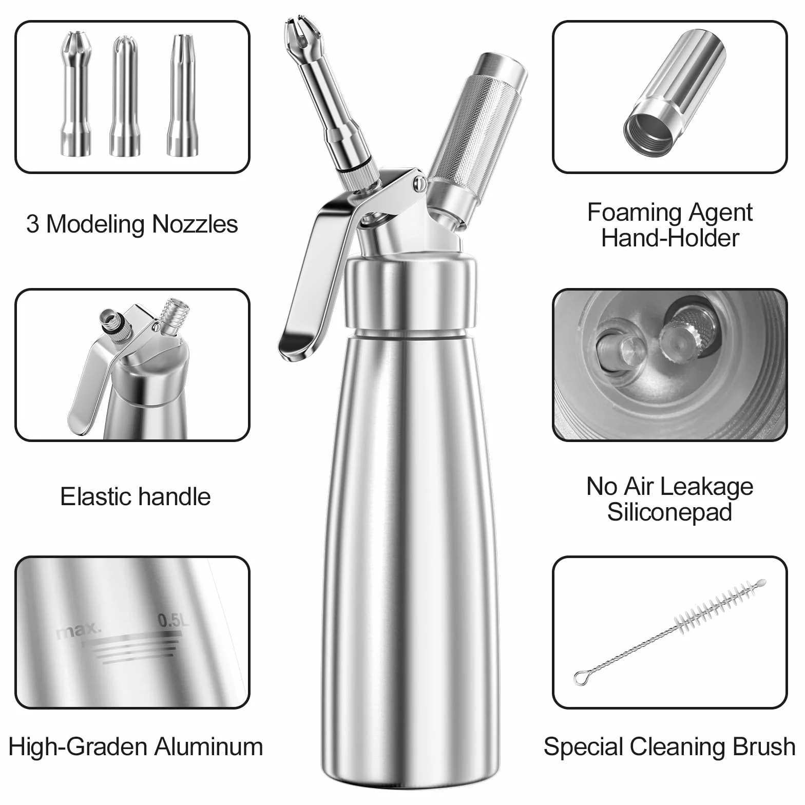 Fousenuk 500ml Siphon Chantilly, Siphon à Crème en Aluminium avec 3 Douilles en Acier Inoxydable et 1 Brosse de Nettoyage pour Décoration Gâteaux d'anniversaire Pâtisserie Crème Glacée et Desserts