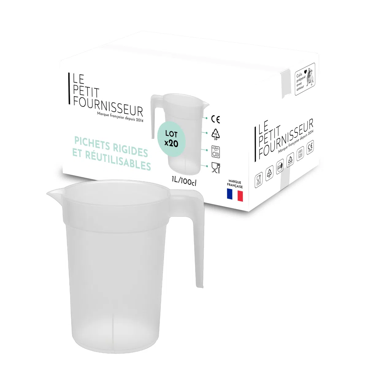 LPF LE PETIT FOURNISSEUR - Lot de 20 Pichets réutilisables 1 Litre - Polypropylène plastique alimentaire rigide (PP) - Carafe à eau, thé glacé, boissons - Compatible lave-vaisselle - Transparent Givré