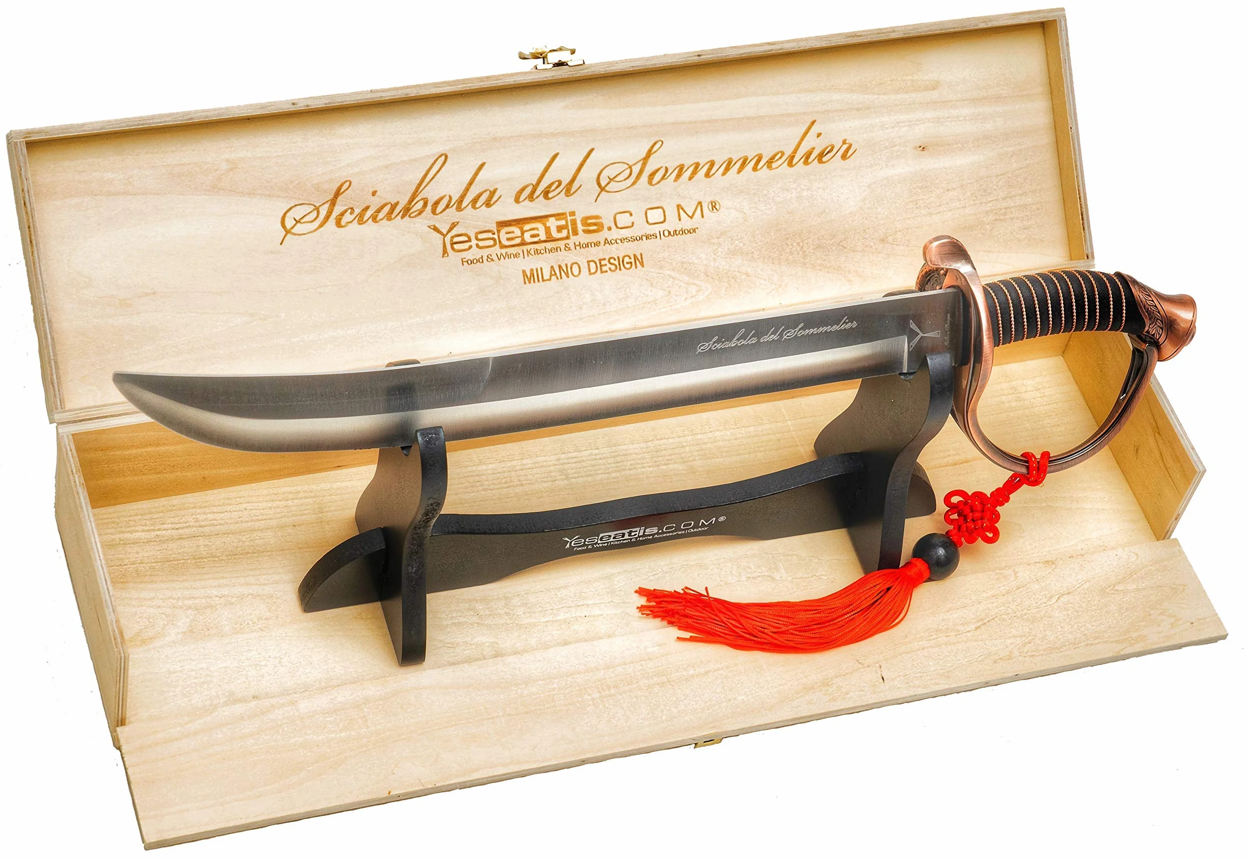 YesEatIs - Sabre à Champagne pour Sommelier avec Vitrine en Bois pour Exposure - Poignée Couleur Bronze - 2 Lacets Inclus
