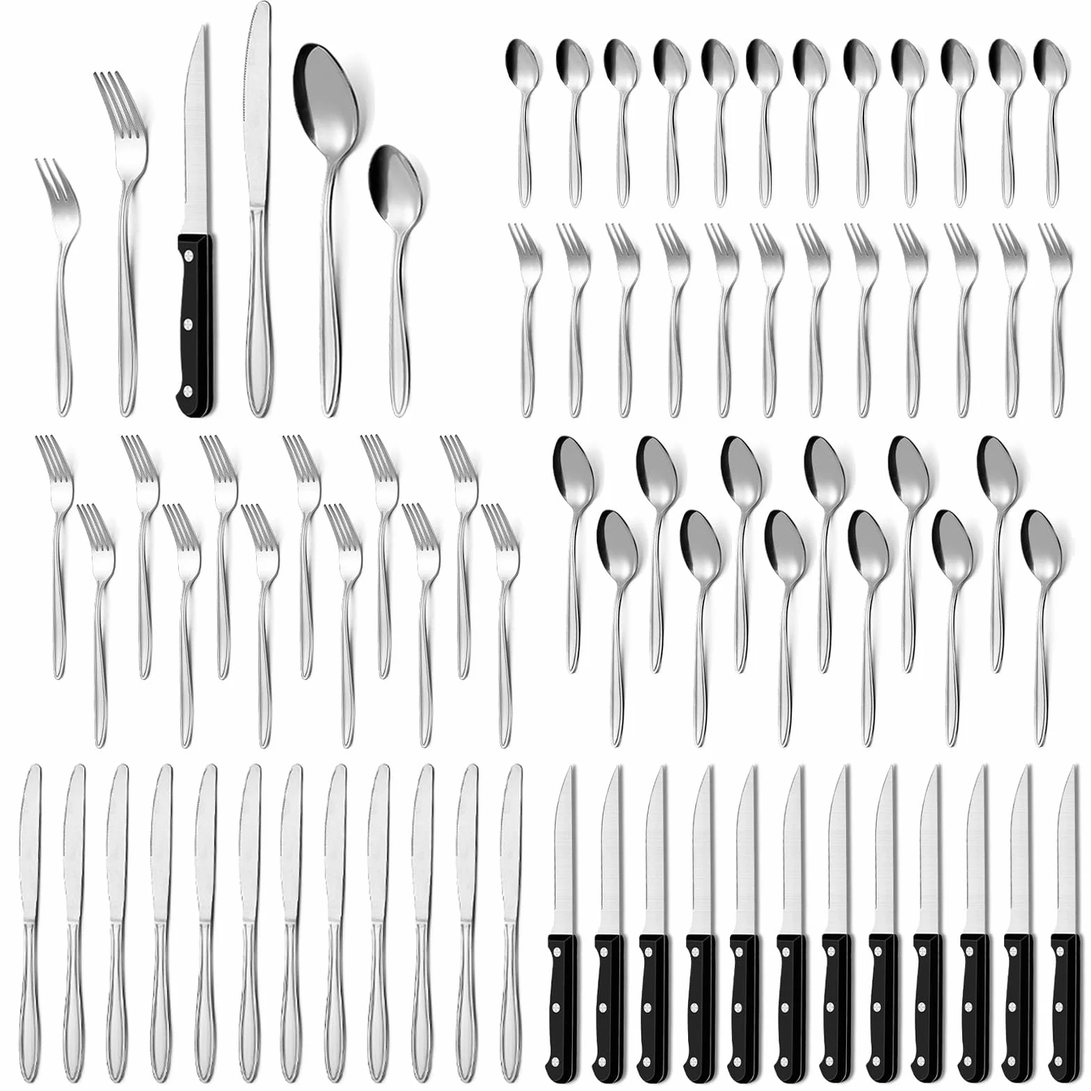 Set de Couverts 72 Pièces, Service de Table 12 Personnes, Set de Couverts de Haute Qualité avec Couteau à Steak, Couteau, Fourchette, Cuillère,Elégant Acier Inoxydable Couvert