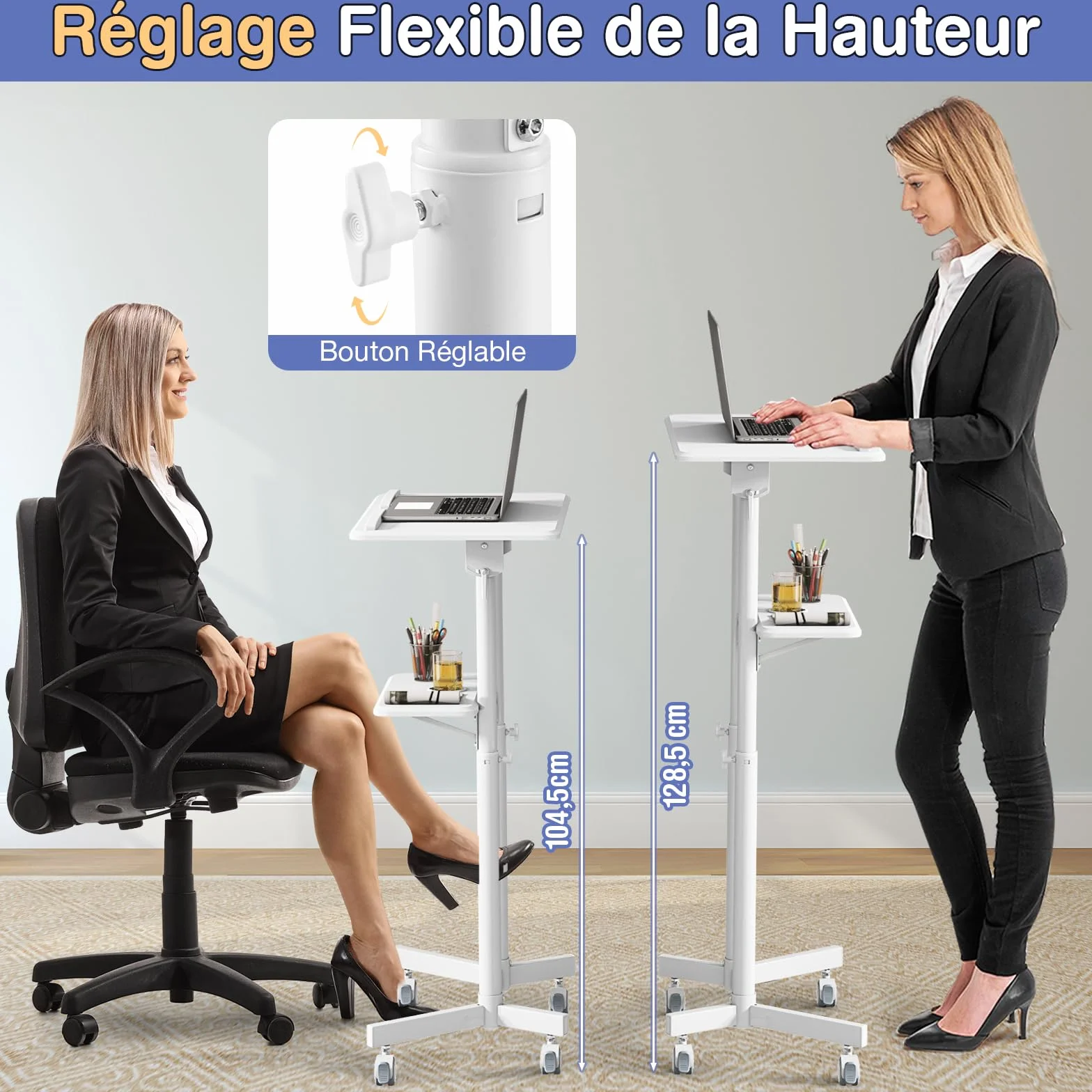 GYMAX Pupitre Mobile avec Roulettes Verrouillables, Hauteur Réglable 104-128cm, Plateau Inclinable Bureau Assis-Debout (Blanc)