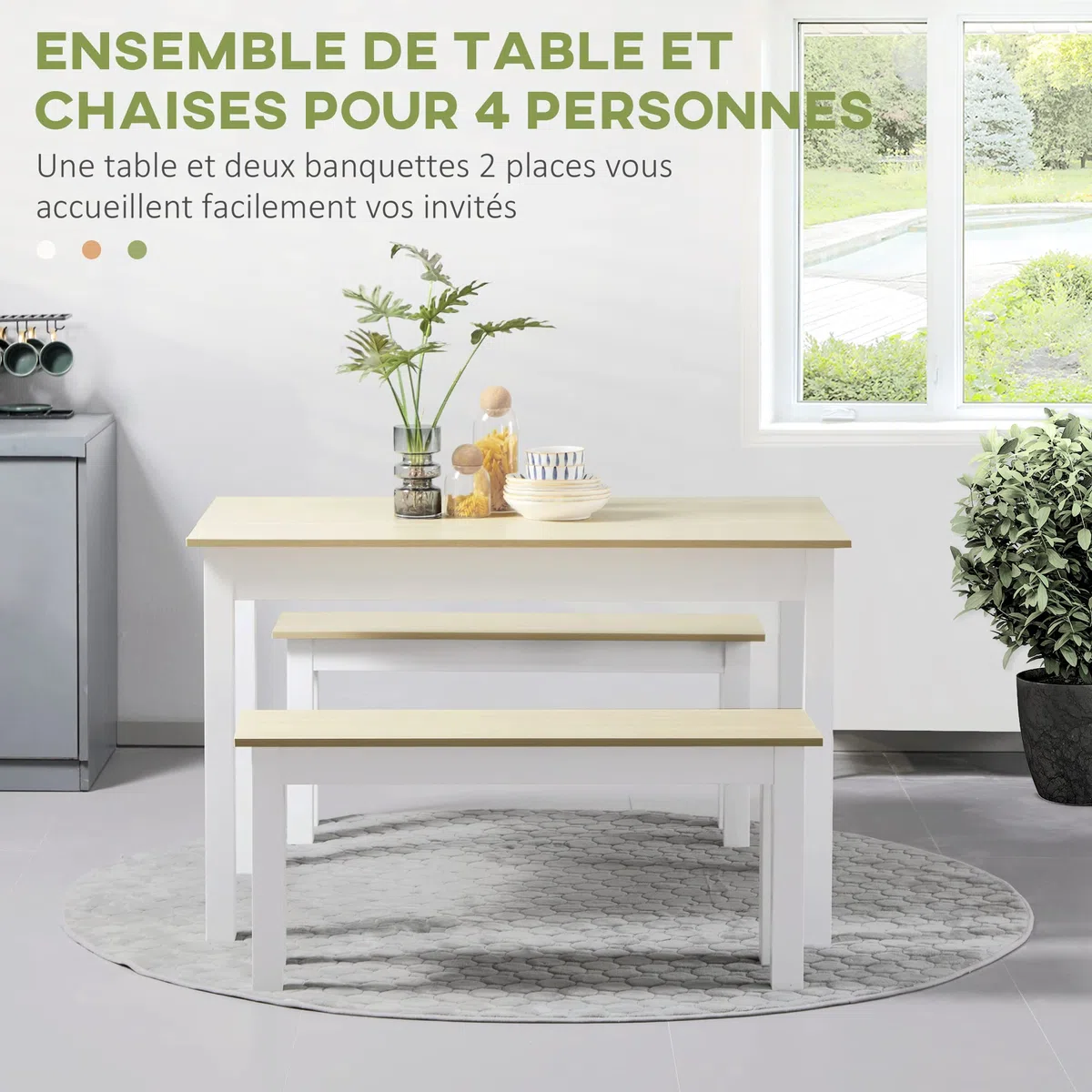 HOMCOM Ensemble Table à Manger 3 pièces avec 2 bancs encastrables pour 4-6 Personnes Style Contemporain - Cuisine Salle à Manger Salon - Panneaux de Particules