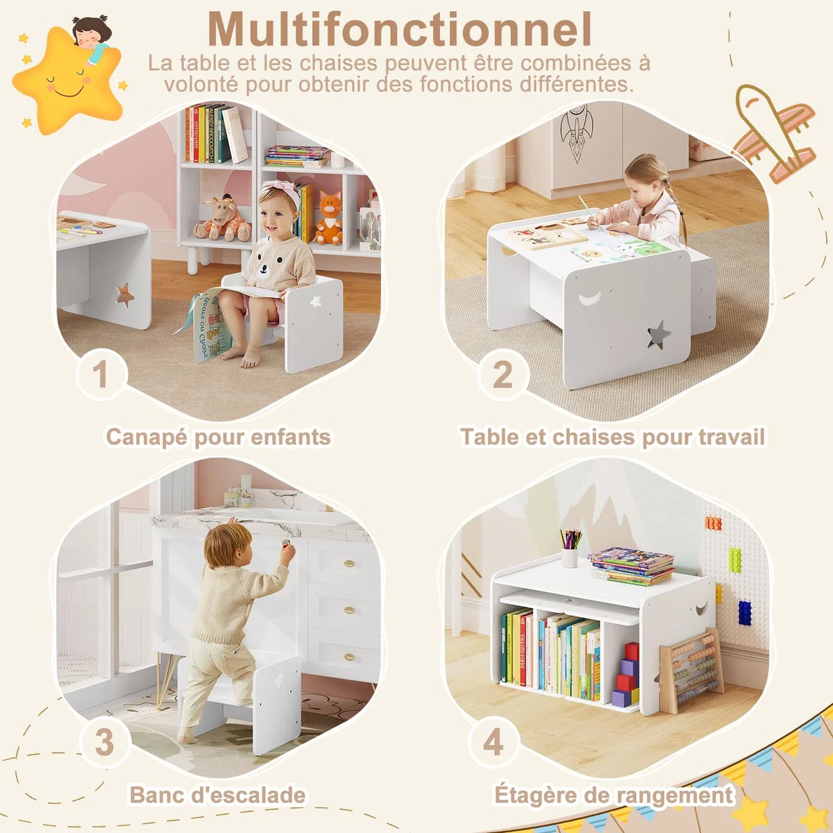 WOLTU Ensemble de Table et Chaises pour Enfant, Table Enfant avec 2 Chaises, pour Crèche, Jardin d'enfants, Salle à Manger, Blanc