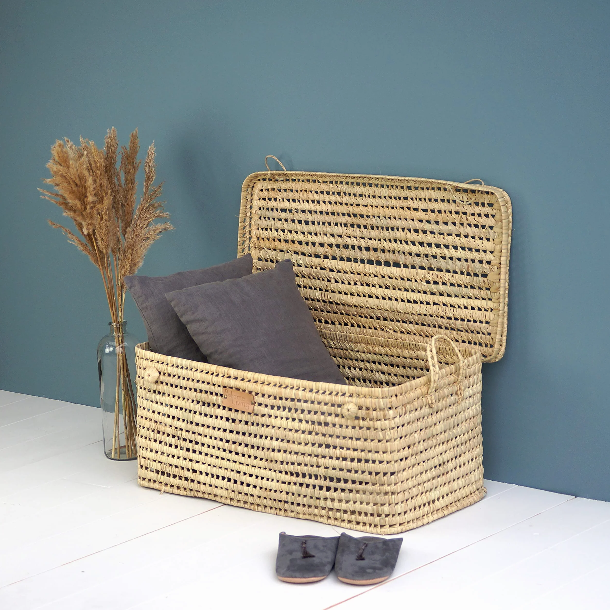 Coffre de Rangement Osier Tressé 80cm Déco Bohème Chic