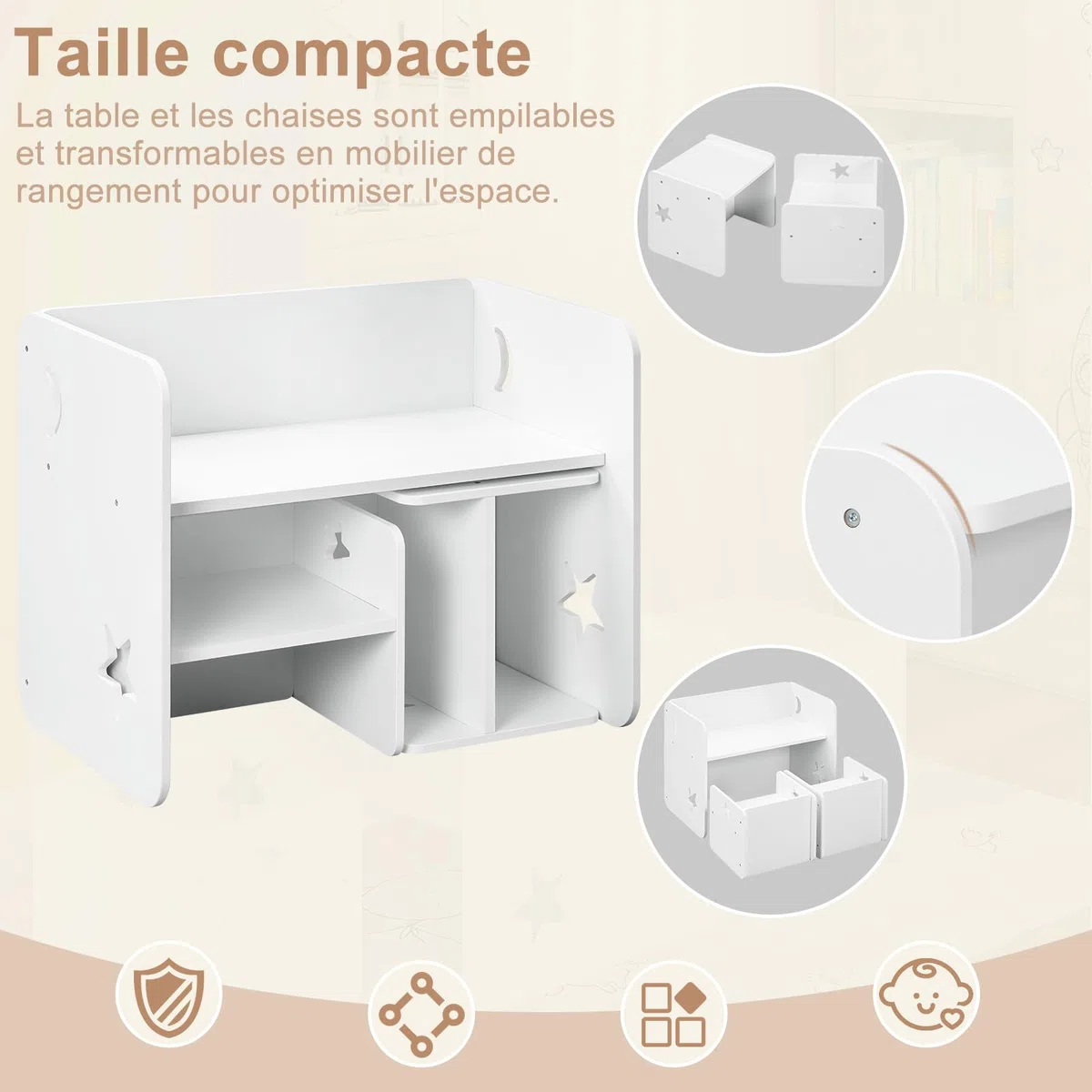 WOLTU Ensemble de Table et Chaises pour Enfant, Table Enfant avec 2 Chaises, pour Crèche, Jardin d'enfants, Salle à Manger, Blanc