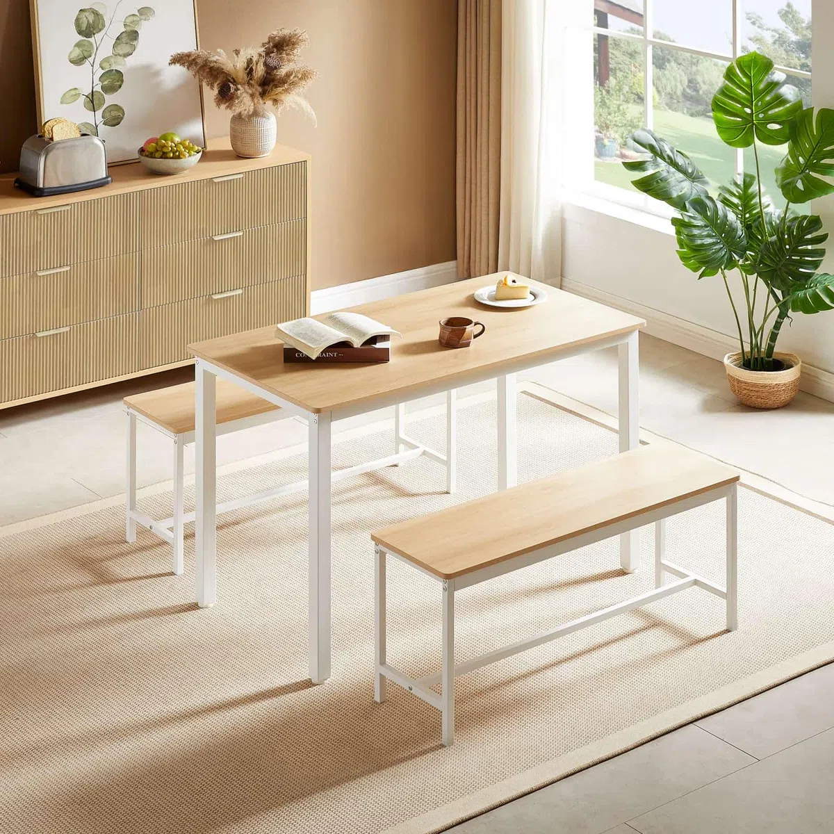 Table à Manger Moderne avec 2 Banc,Ensemble Table et Chaises 4 Personnes,Style Industriel,110x60x75cm,pour Salle à Manger Salon et Balcon (Blanc-E)