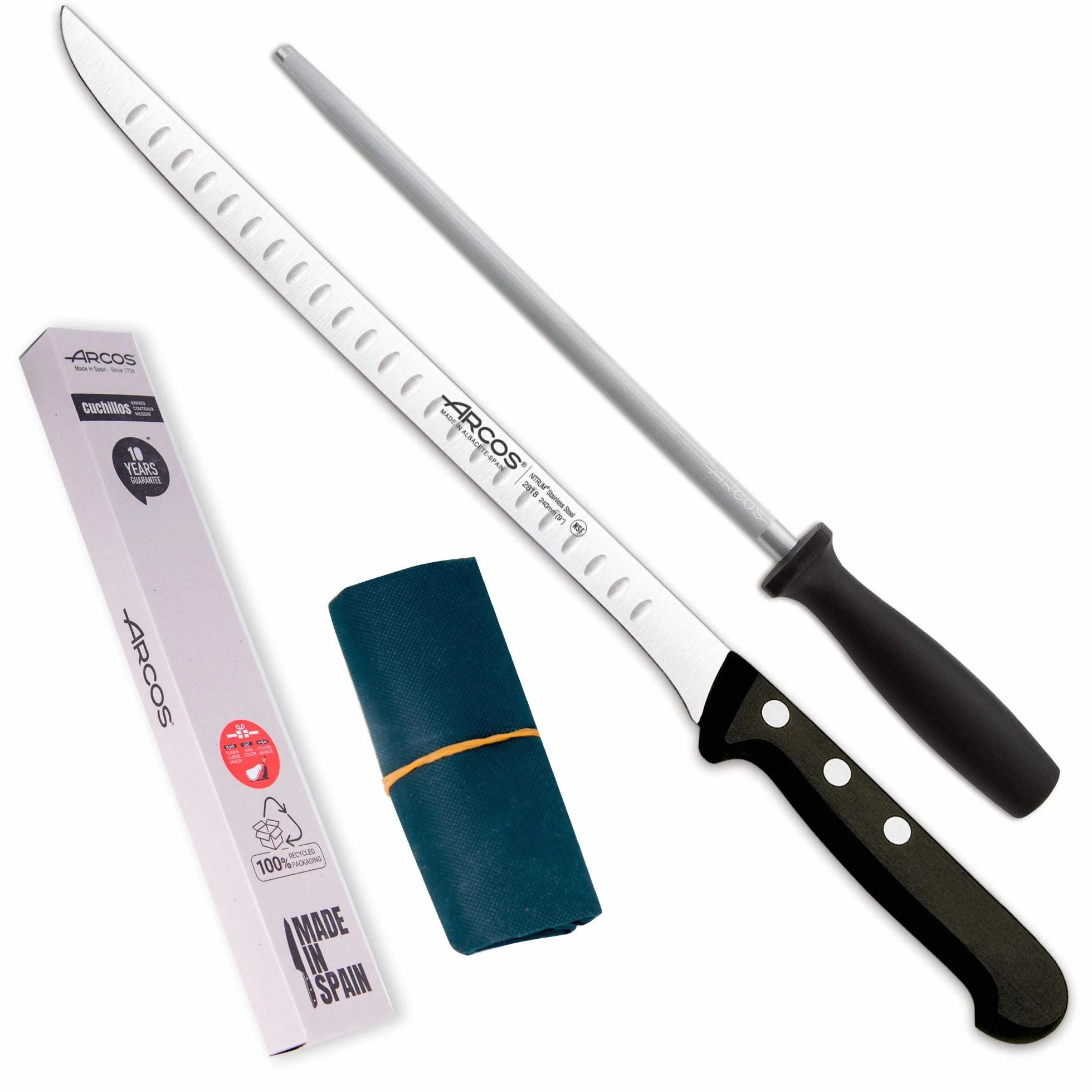 Arcos | Ensemble de 3 couteaux à jambon | Couteau à jambon en acier inoxydable Nitrum, affûteur et étui | Set de couteaux à jambon | Couteau à jambon professionnel | Écologique | Fabriqué en Espagne