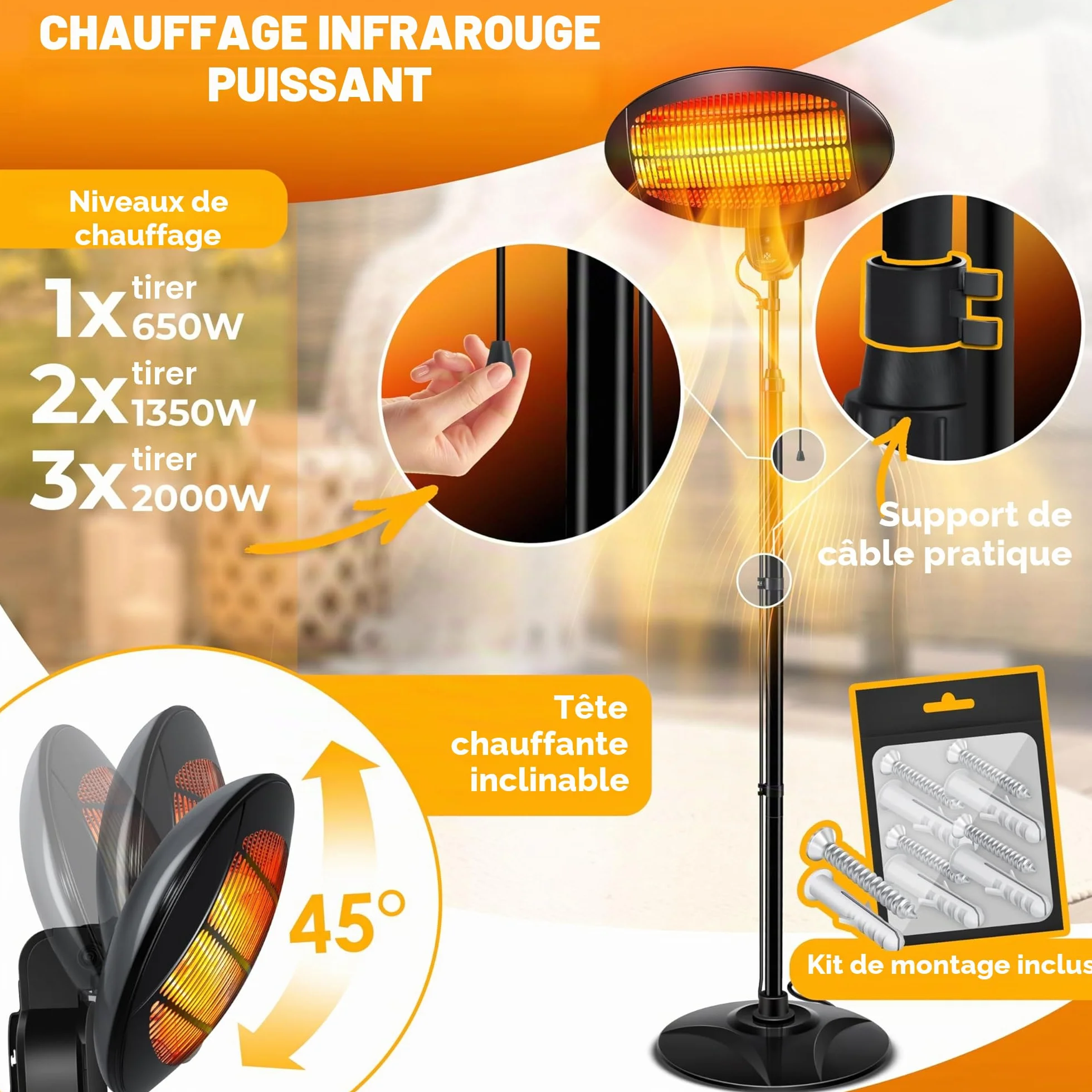 KESSER Chauffage radiant 2000 Watt Infrarouge sur pied terrasse intérieur extérieur