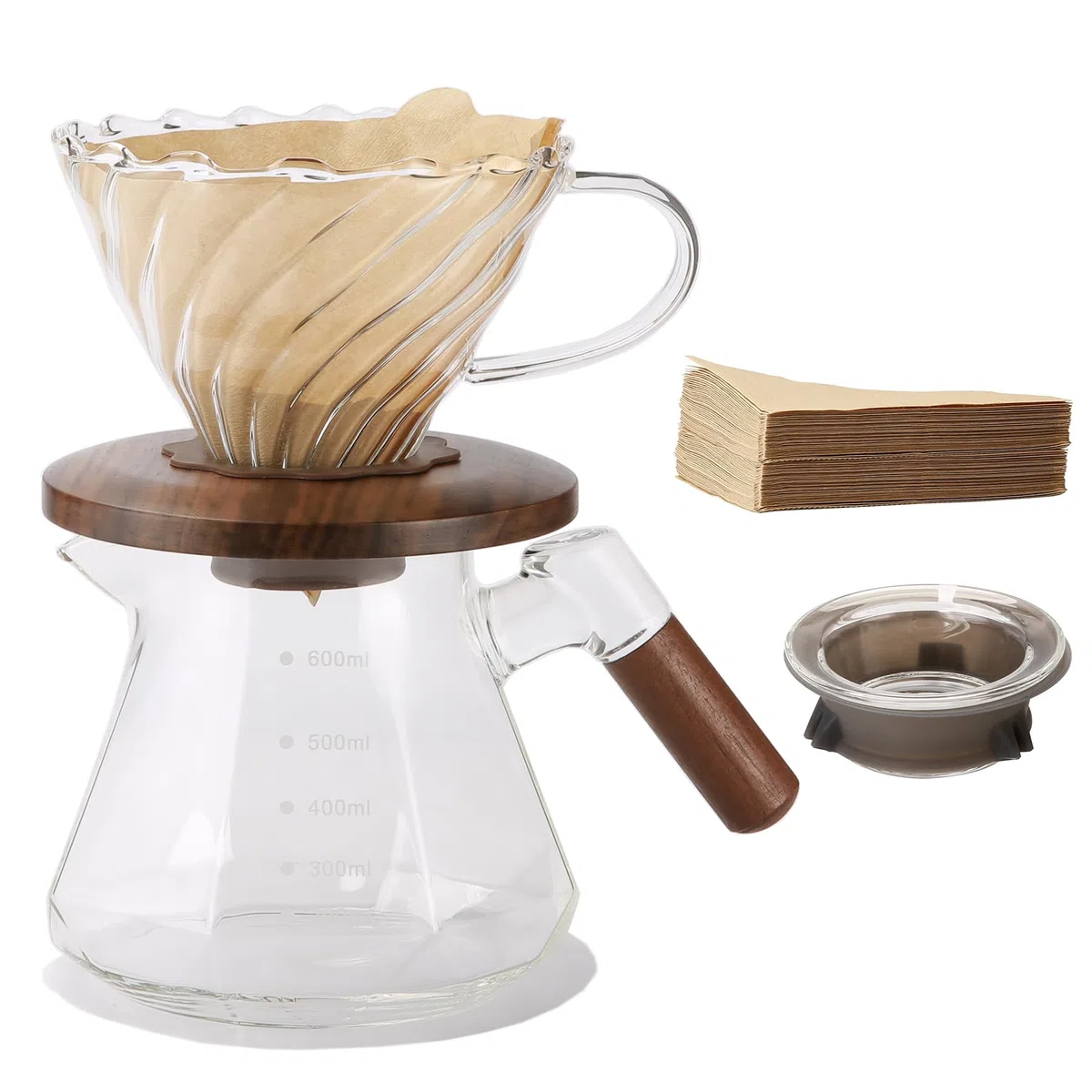 Lalord Verser Over Cafetière en Verre Borosilicate de 600 ml avec 100 Papier Filtres, Col en Noyer et Couvercle en Verre, Cafetière Goutte à Goutte, 1 à 3 Tasses, Transparent