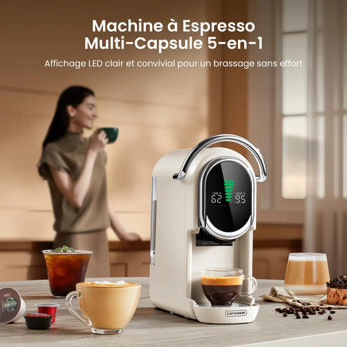Magician1 Machine à café Capsules pour Nespresso, Dolce Gusto, Lavazza A Modo Mio, Dosettes ESE 44mm et Café Moulu, Température et Taille Tasse Réglable, 20Bar, Cafetière Chaud ou Froid (Blanc)