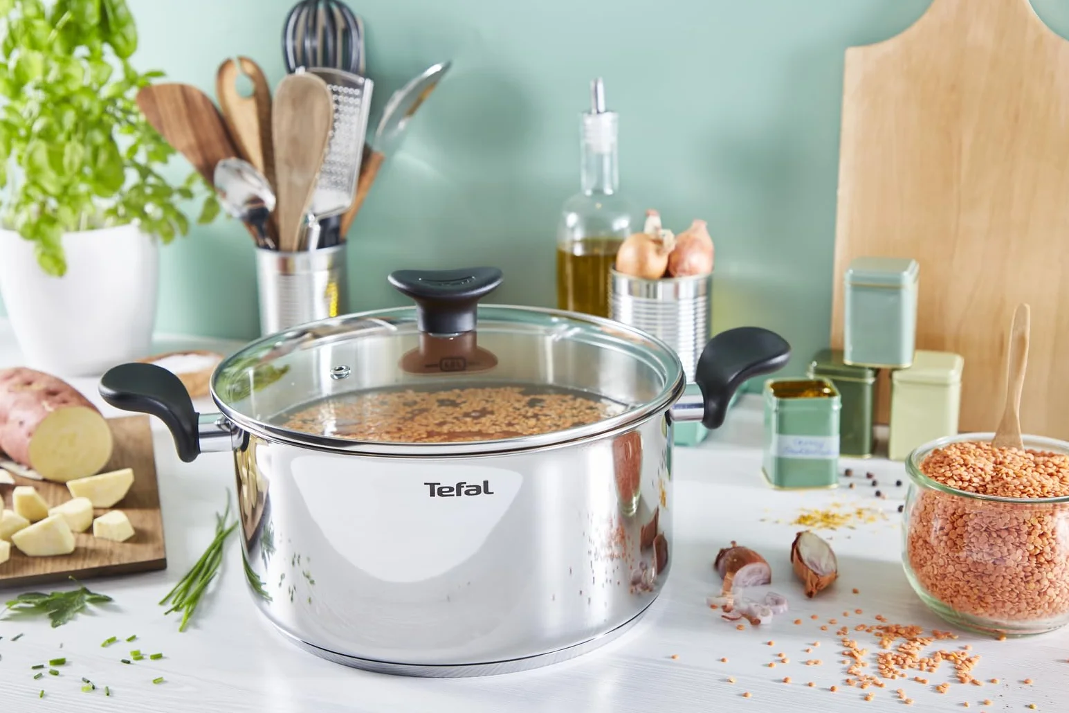 Tefal Faitout 24 cm (5 L) + couvercle verre, Induction, Acier inoxydable haute qualité, Garantie 10 ans, Livre recette, Primary E3084604