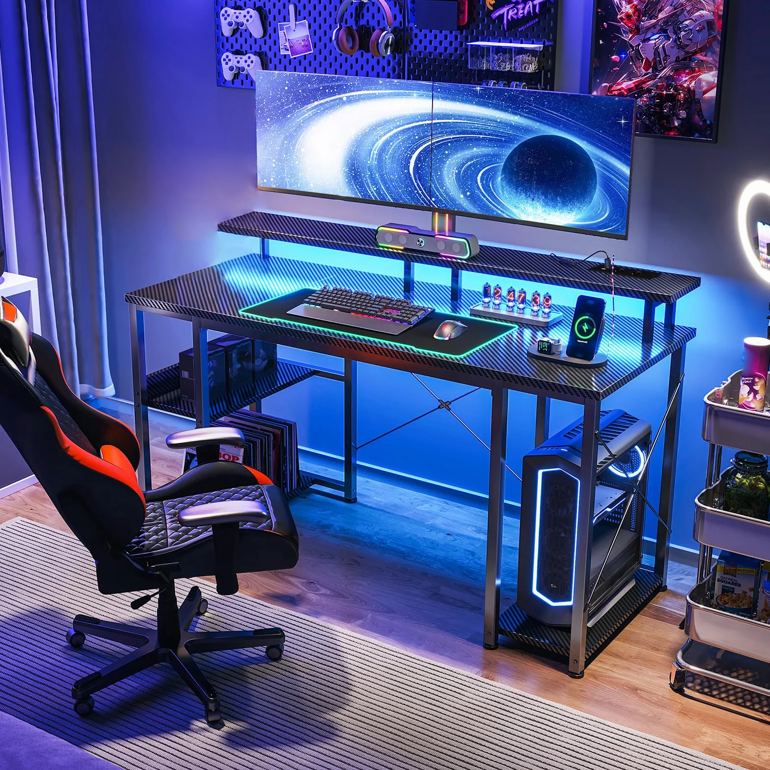Coleshome Bureau Gaming avec éclairage LED, 120x50cm Bureau Ordinateur avec 2 Prises électriques & 2 Ports USB, Bureaux Informatique avec Support d'écran, Petit Bureaux à Domicile, Noir Carbone