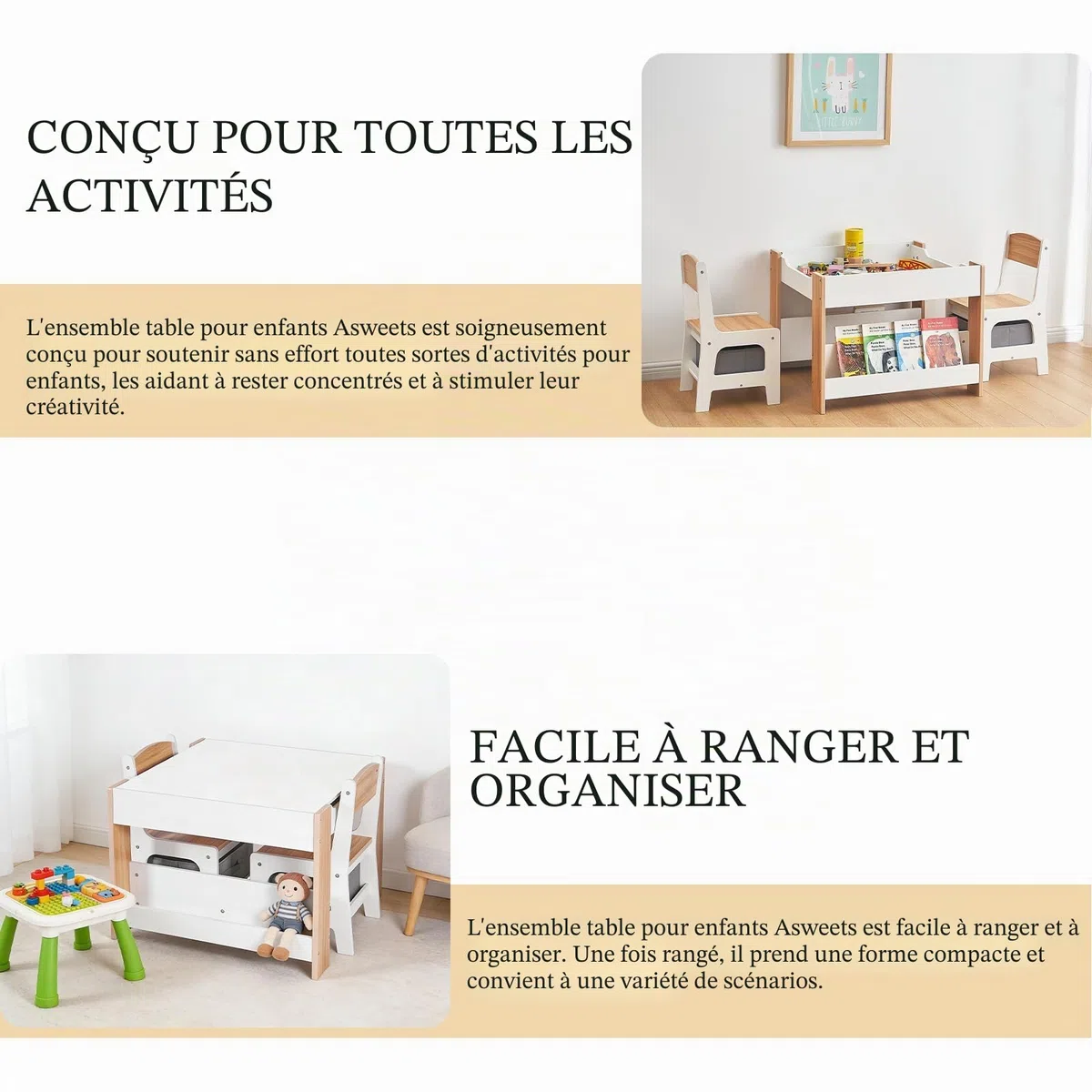 Asweets Ensemble Table et Chaises pour Enfants, Bureau 4 en 1 avec Tiroir De Rangement, Table d'Activités en Bois pour Plateau Amovible 2 en 1, avec Bibliothèque