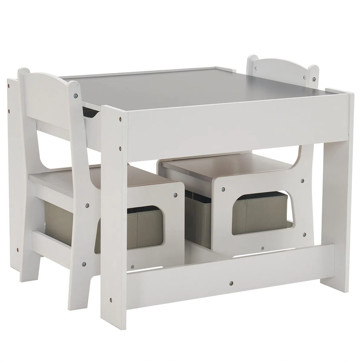 LEADZM Bureau pour Enfants, Table 3-en-1 avec 2 Chaises (3 pièces), à Dessin avec Espace de Rangement en Bois - Table Polyvalente pour Manger, Étudier et Jouer (Gris)