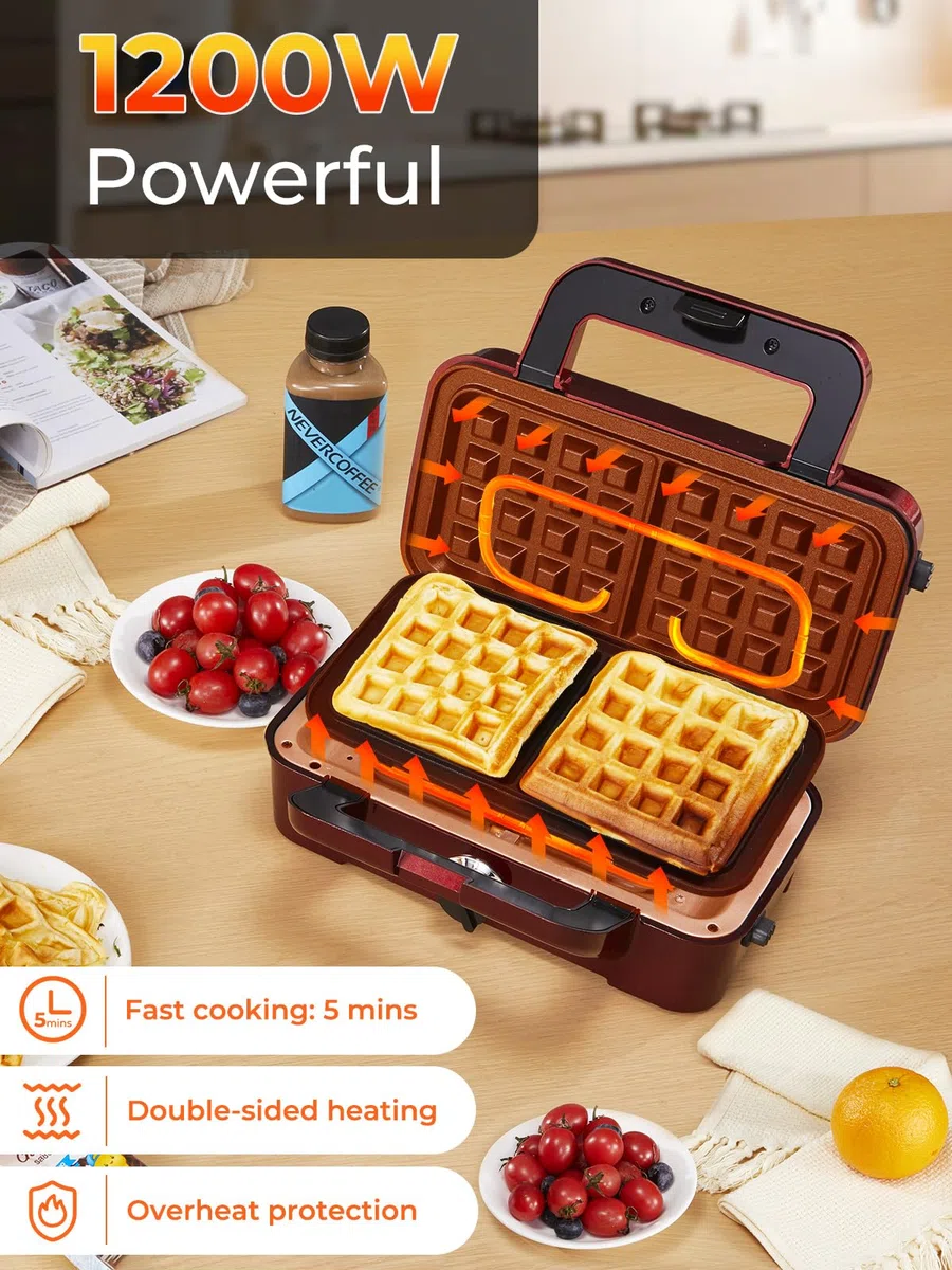 HOUSNAT Gaufrier 3 in 1, Appareil à Croque Monsieur avec Contrôle de Température à 5 Vitesses, Pour Gaufres Belges, Revêtement Antiadhésif, Parfait pour le Petit Déjeuner, Rouge