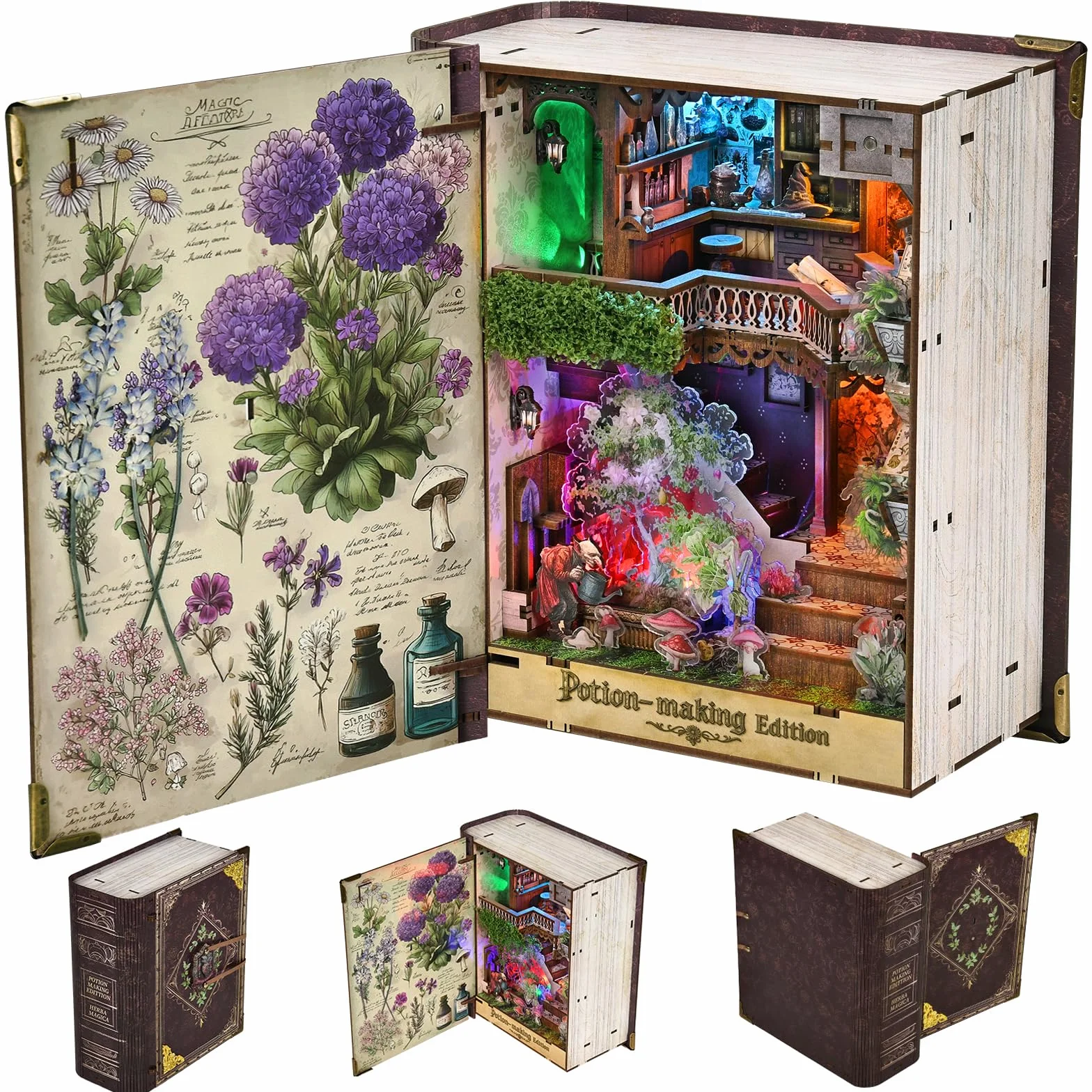 MiniCity Kit Book Nook Puzzle miniature en bois avec lumières LED 3D Maison de poupée Serre-livres Cadeaux créatifs édition Potion-Making