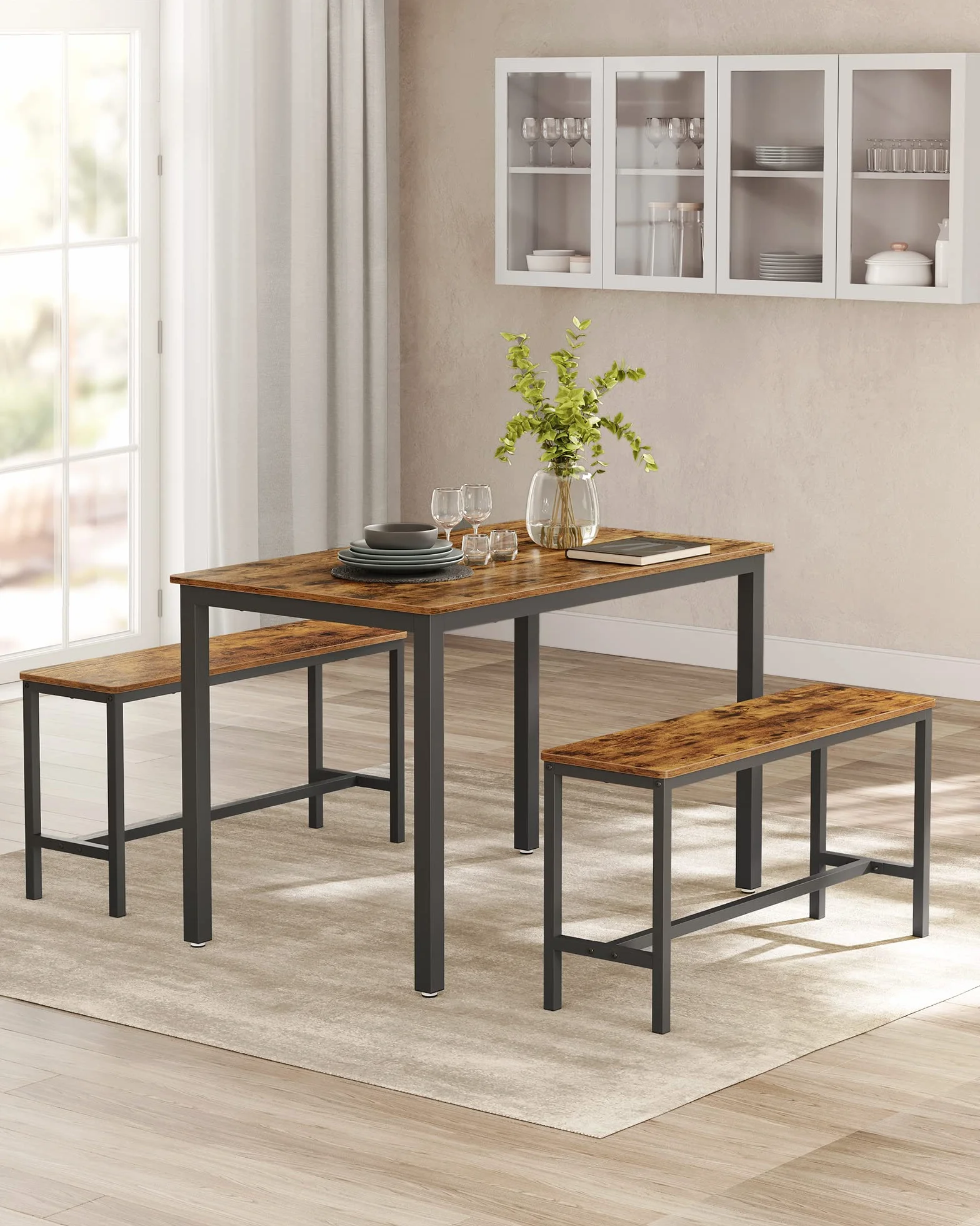 VASAGLE Table à Manger avec 2 Bancs, Ensemble de 3 Meubles, Table de Salle à Manger de 70 x 110 x 75 cm, 2 Bancs de 30 x 97 x 50 cm, Cadre en Acier, Marron Ruatique et Noir d'encre KDT070B01