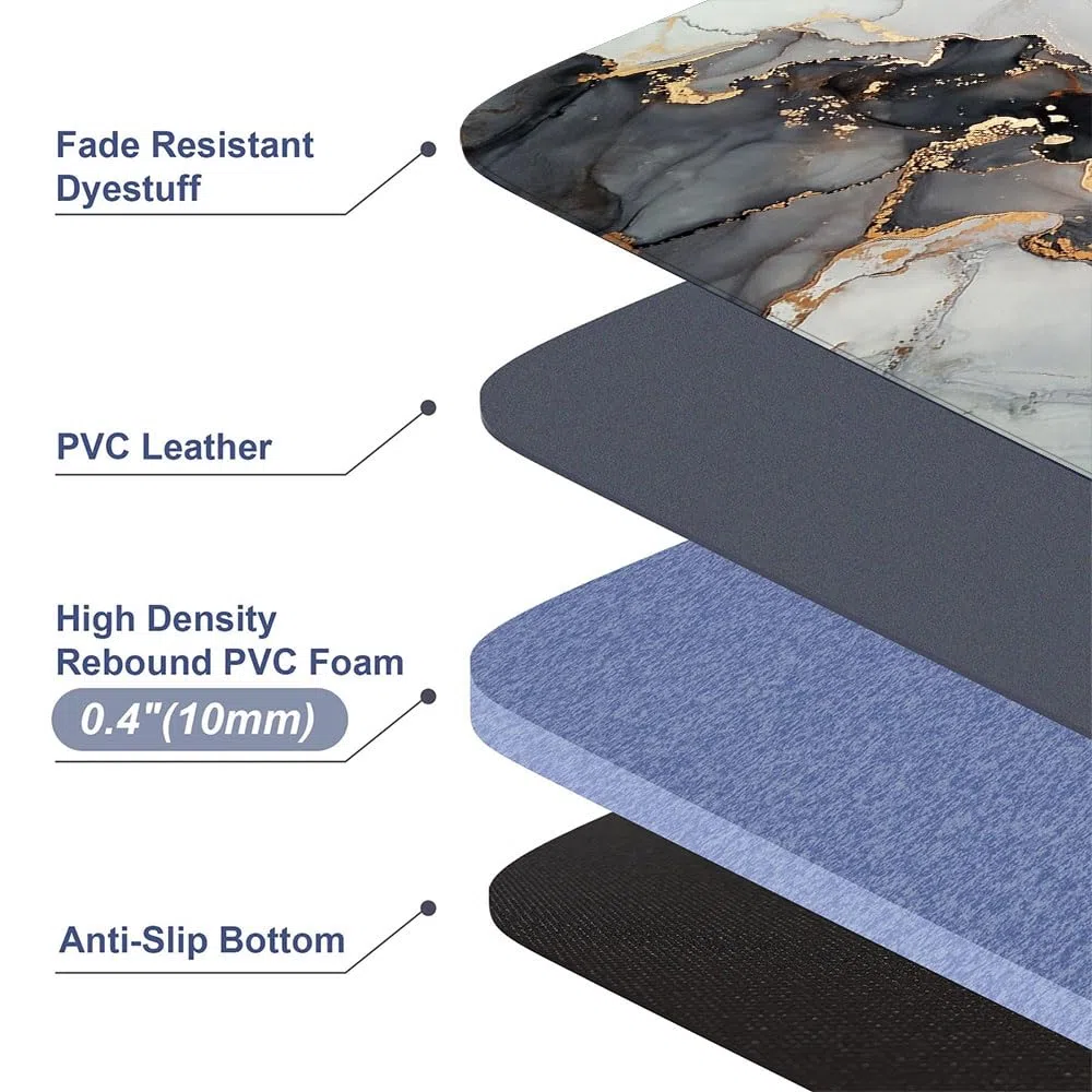 Mrcrypos Lot de 2 tapis de cuisine de luxe en marbre noir et doré en cuir PVC, imperméable, antidérapant, rembourré, anti-fatigue, tapis de cuisine confortables pour sol, évier, buanderie, bureau,