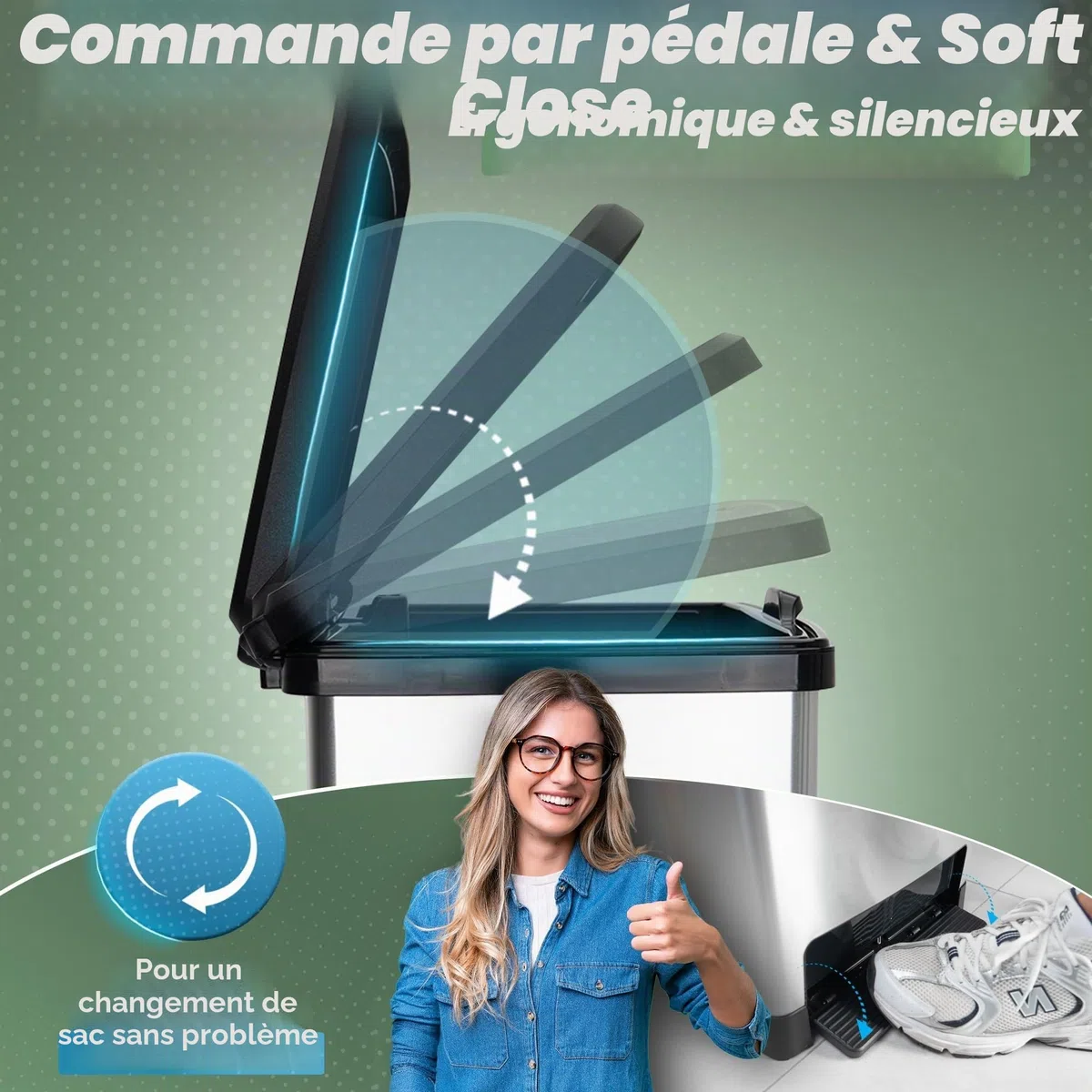 Novaliv Grande poubelle avec couvercle - Poubelle à pédale de 50 l avec système Soft-Close - Stabile et anti-odeurs