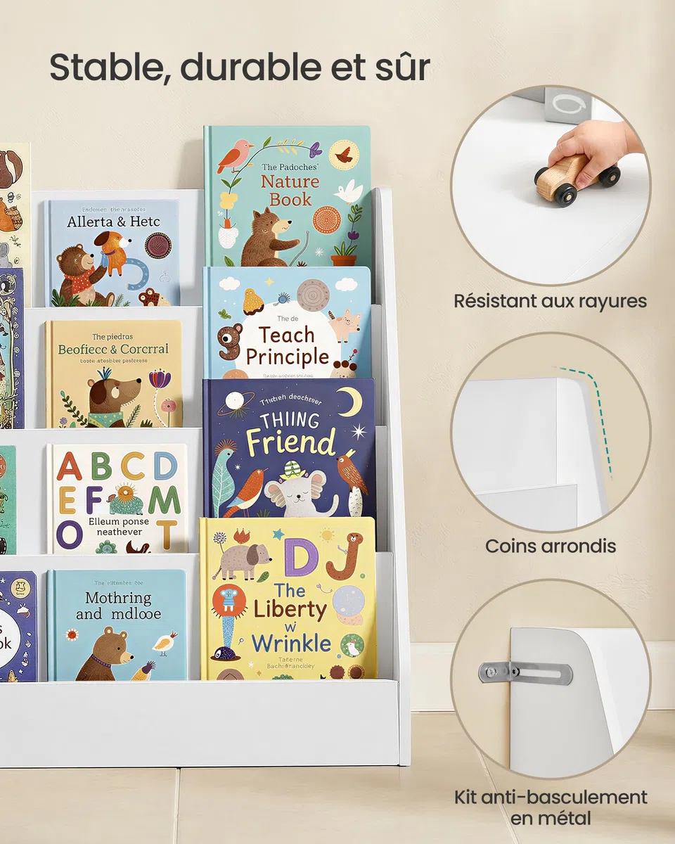 SONGMICS Étagère à Livres pour Enfants, Bibliothèque Montessori à 4 Niveaux, Présentoir Albums Illustrés, pour Chambre d’Enfant, Espace Lecture, 30 x 60 x 60 cm, Blanc Nuage GKR074WZ01