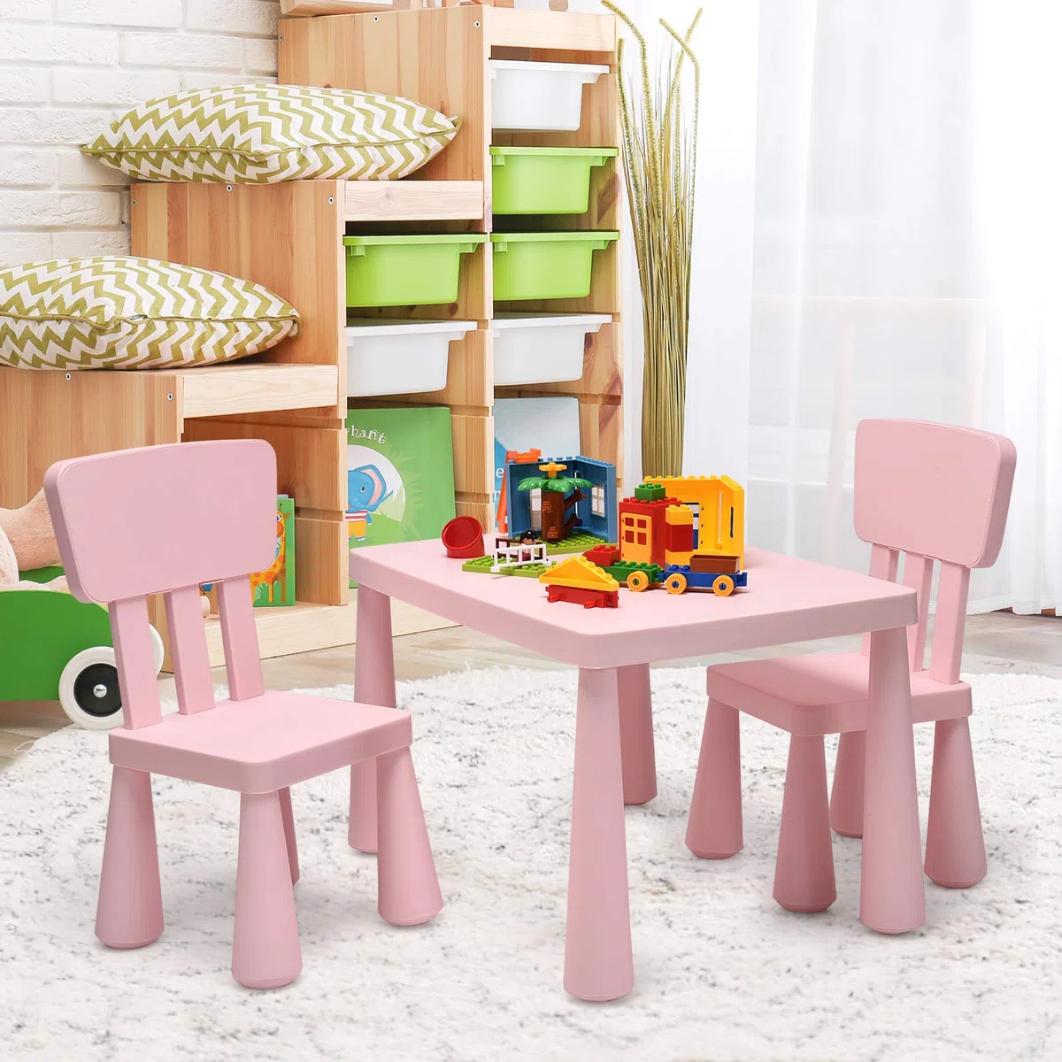 GOPLUS Table Enfant avec 2 Chaises, Petite Table d'Activité Enfant en Plastique pour Manger, Étudier, Jouer, pour Filles Garçon 1-7 Ans, Charge 50KG (Rose)
