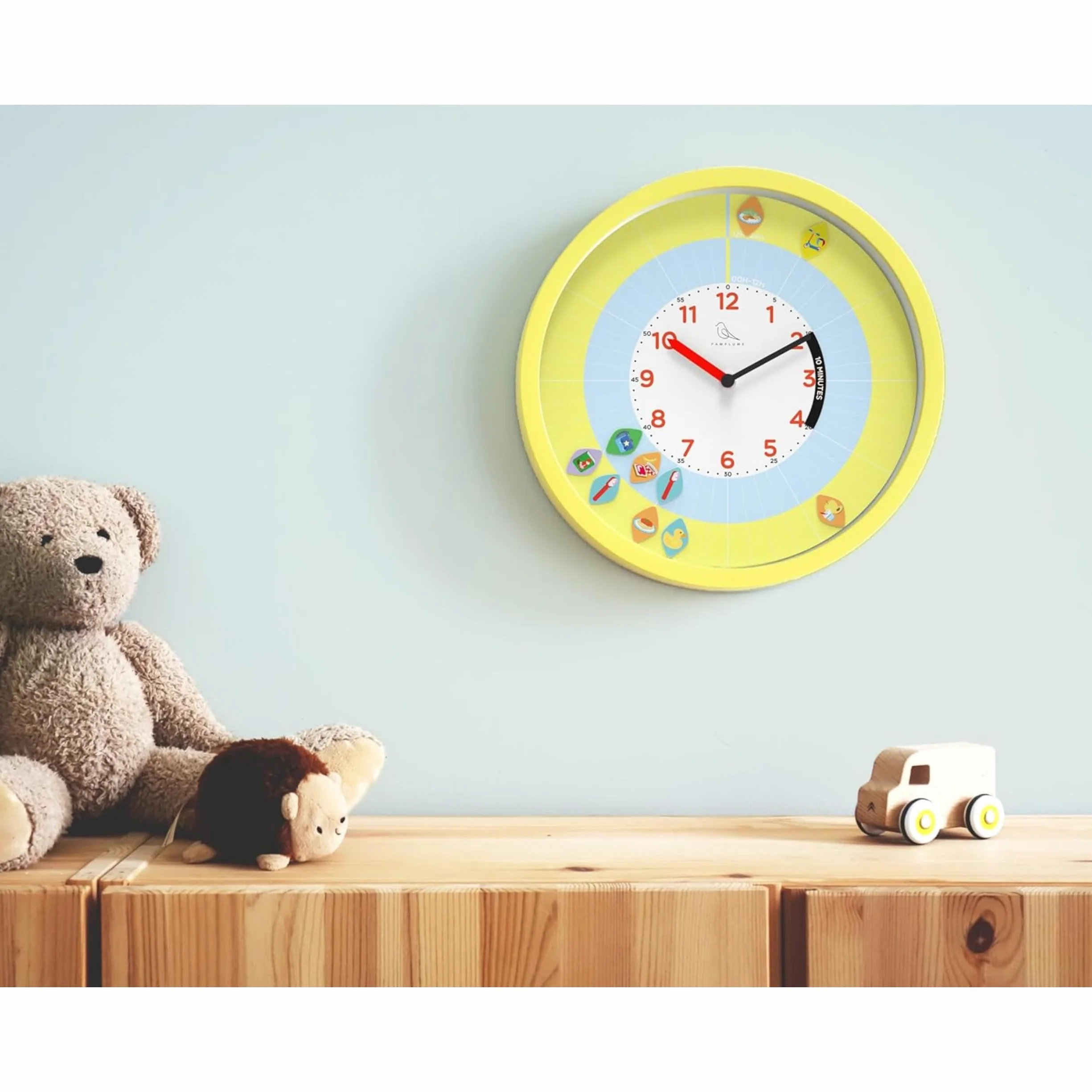 Horloge d'apprentissage pour Enfant, 60 Magnets Activités, 7 Magnets Timer, Jaune