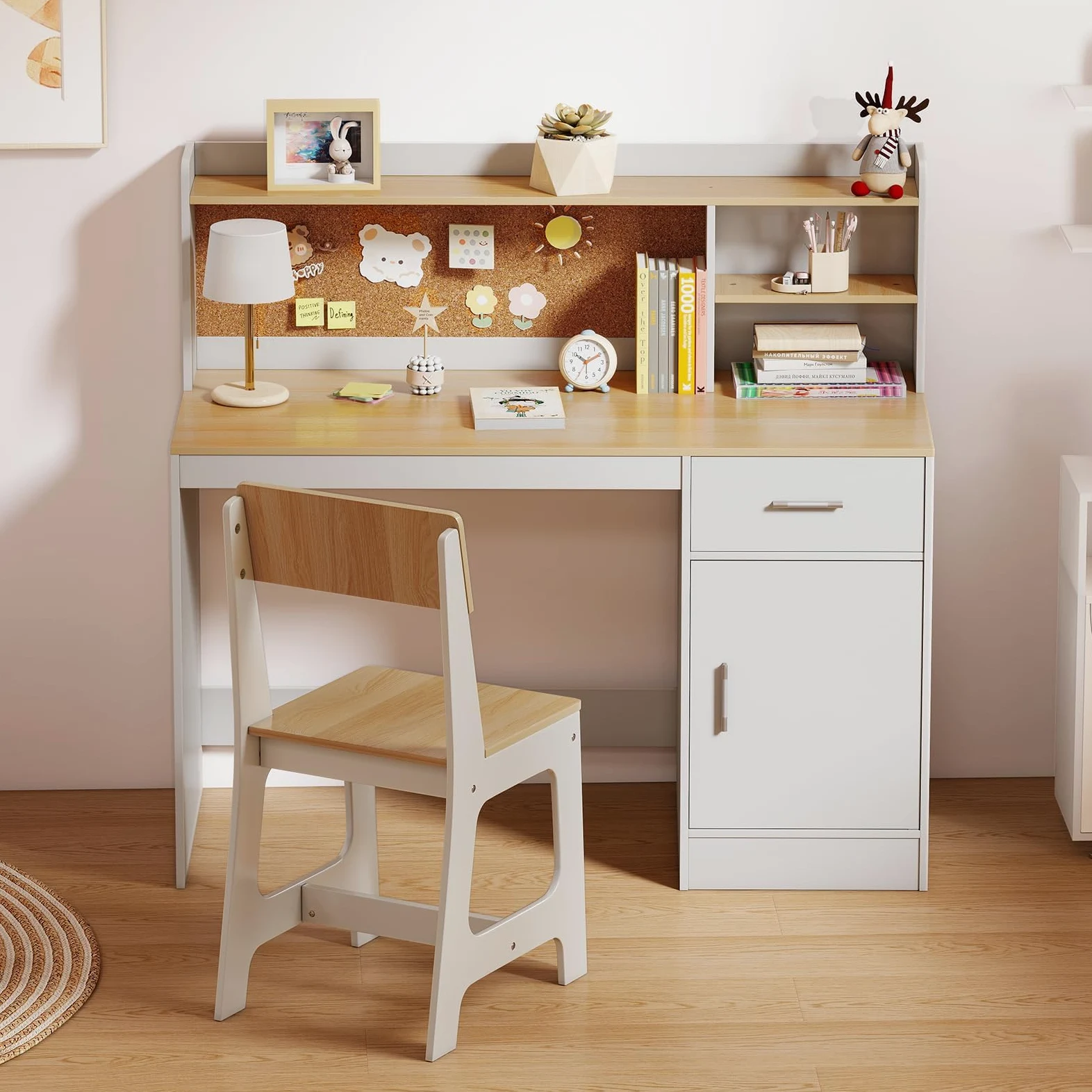 LIFEZEAL Ensemble de Table et Chaise pour Enfants, mobilier Multifonctionnel pour Enfants, Bureau avec étagère, tiroir, Armoire, Tableau en liège, Tabouret Ergonomique avec Dossier incliné (Naturel)