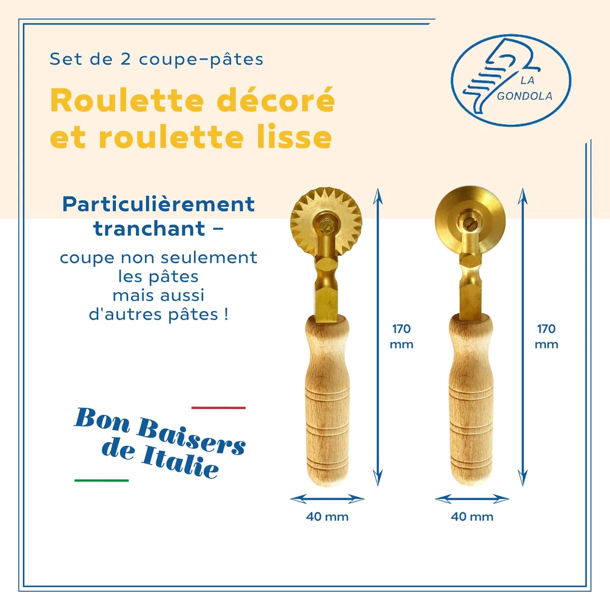 La Gondola Lot de 2 Roulettes Coupe-Pâtes - Roue Lisse et Roue Décoré | Outils de Préparation des Fait Maison Pâtes | Laiton & Bois Naturel Roulettes Découpe | Roulettes à Ravioli Fabriqué en Italie