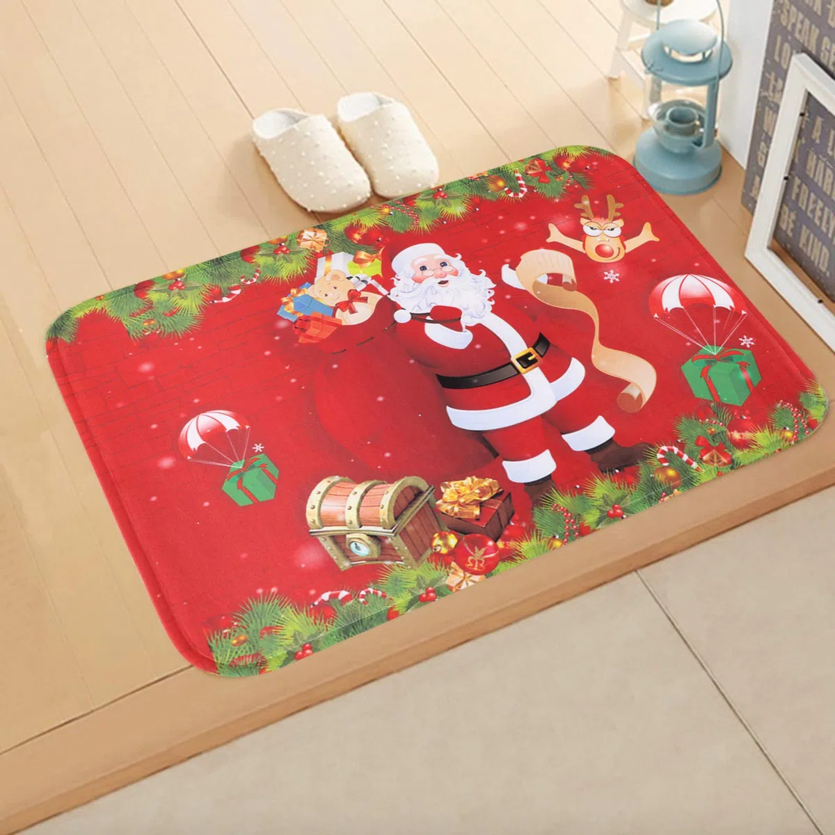 BHGT 2PCS Tapis de Noël Paillassons Tapis de Passage Antidérapante Carpettes pour Salon Bain Cuisine Décoration Maison Chambre (Père Noël + Renne)