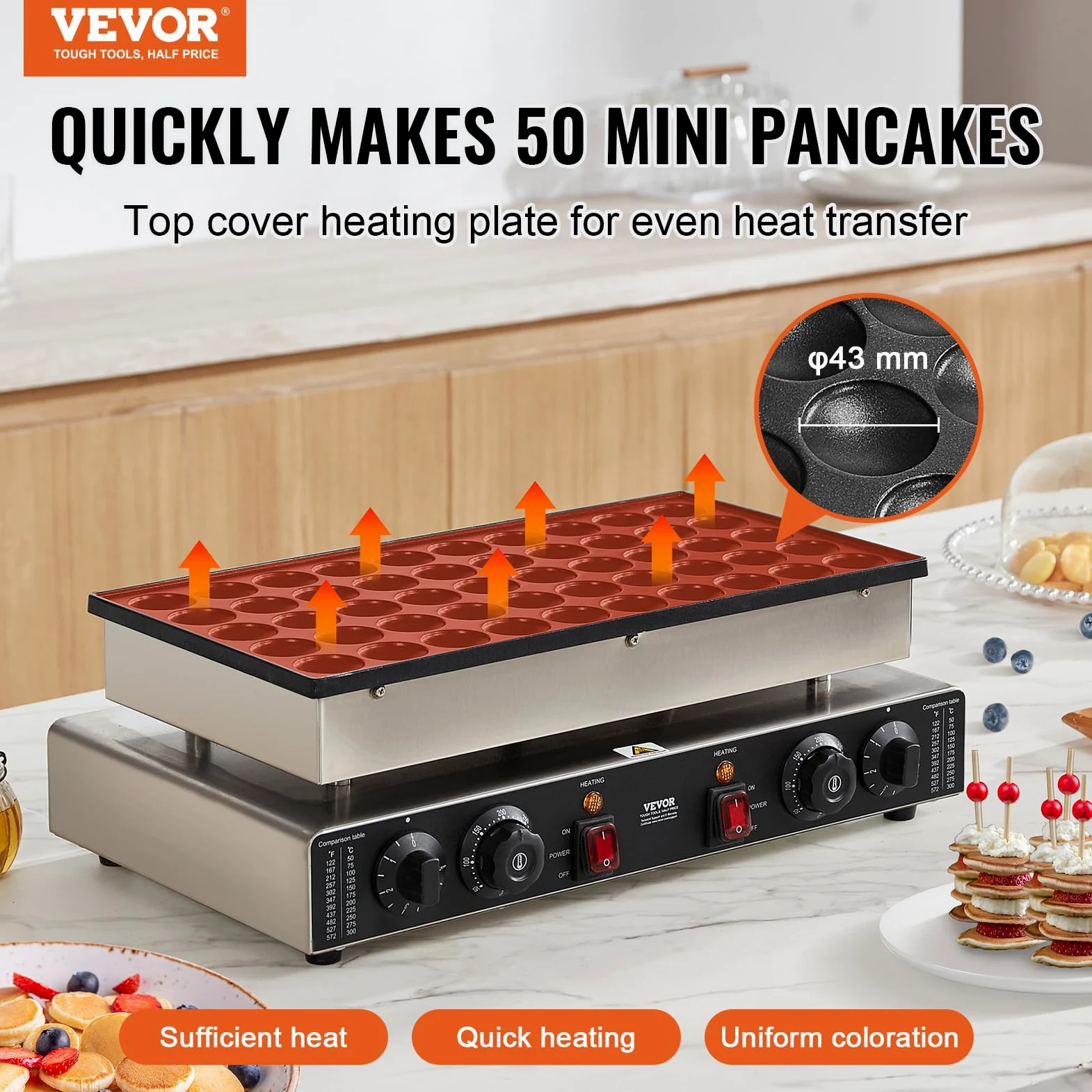 VEVOR Appareil à Pancake 50PCs 43 mm, Crêpière Commerciale 1700 W, Appareil à Poffertjes Dorayaki en Acier Inoxydable Antiadhésif, Température et Temps Réglable, pour Cuisine à Domicile, Restaurant