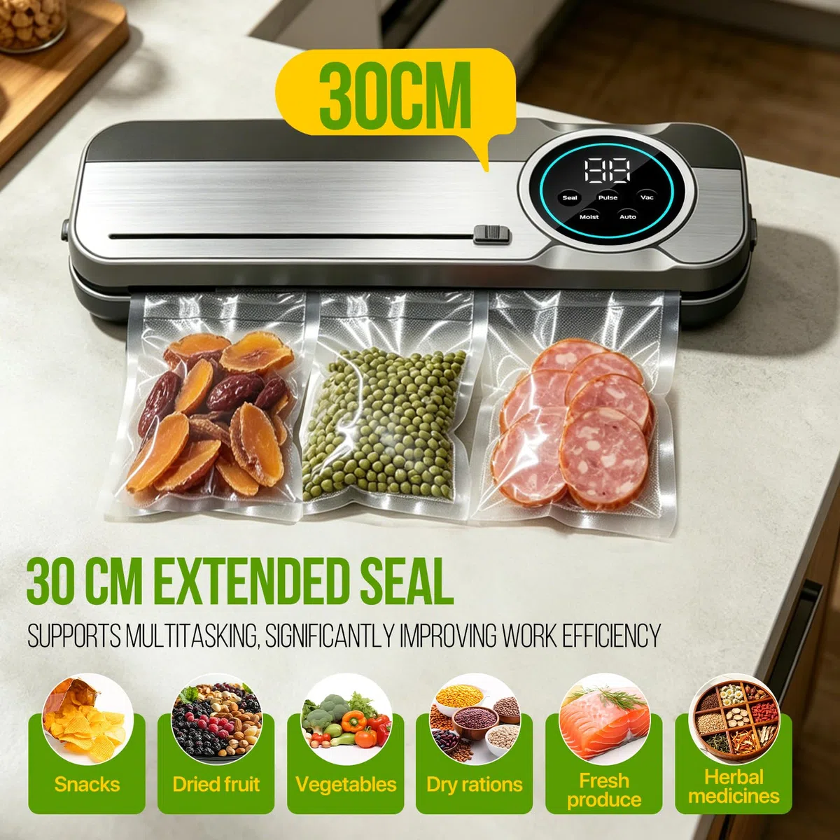 RoserRose 120W Machine Sous Vide Alimentaire 6 en 1, 75 KPA Appareils de Mise Sous Vide avec Modes Sec et Humide, UV, 50 Sac Sous Vide, Couteau de Coupe et Tuyau, Scellure Large 30 cm